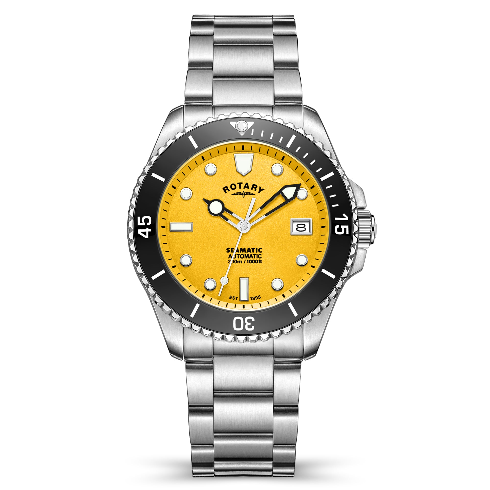 Rotary watch with yellow face and silver bracelet on white background