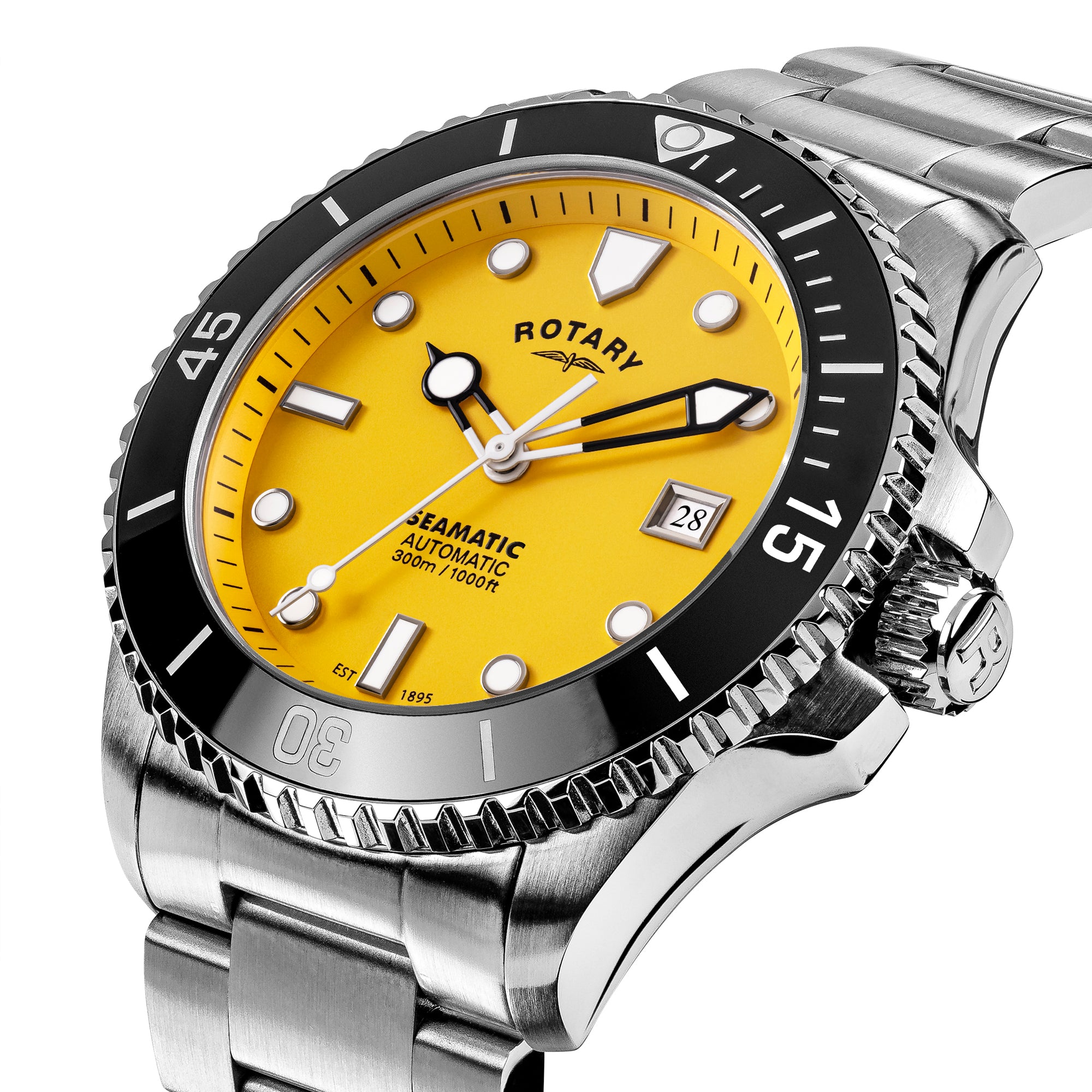 Rotary Seamatic watch with yellow dial and silver case on a white background