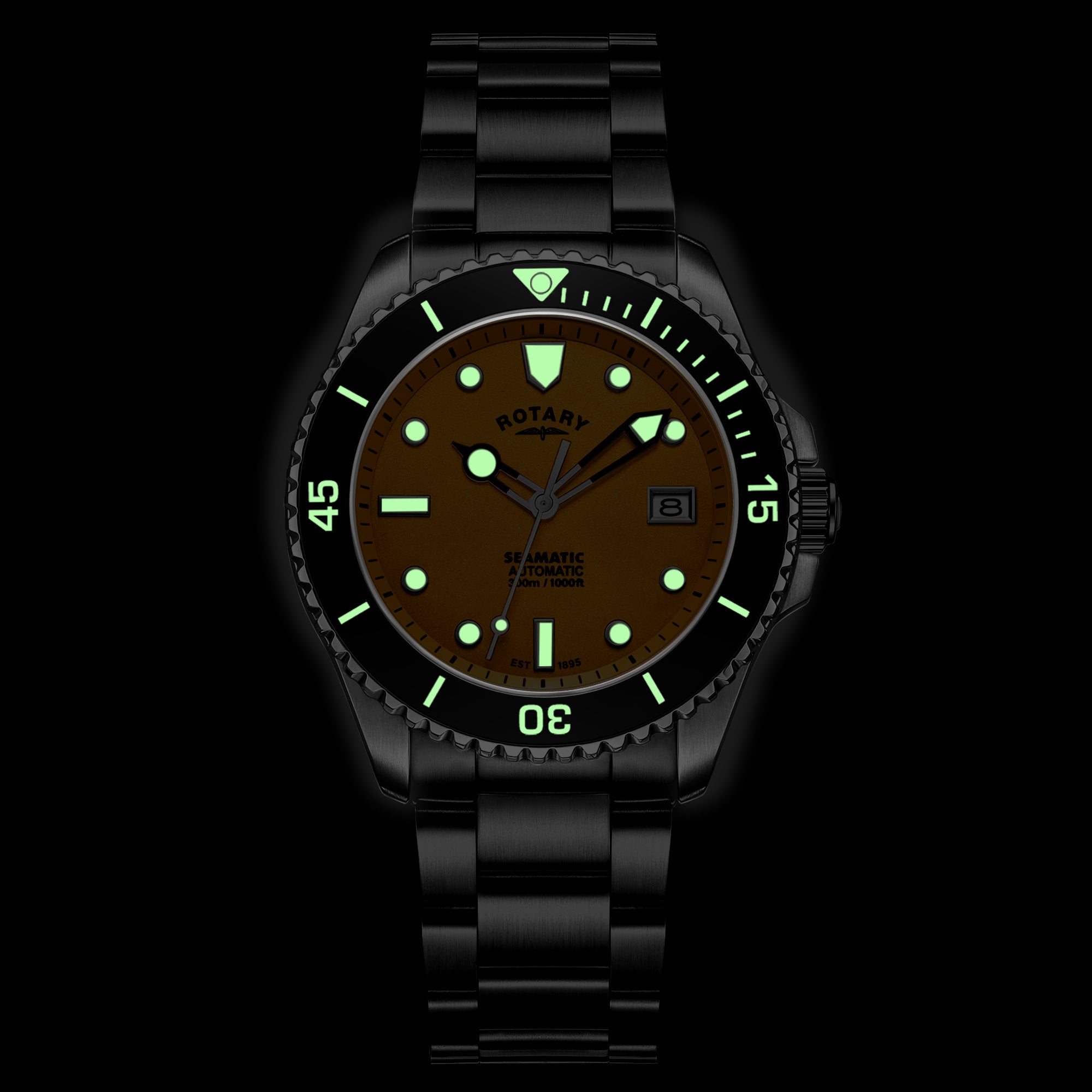 Rotary Seamatic wristwatch with a dark brown dial and greenish glow on a black background