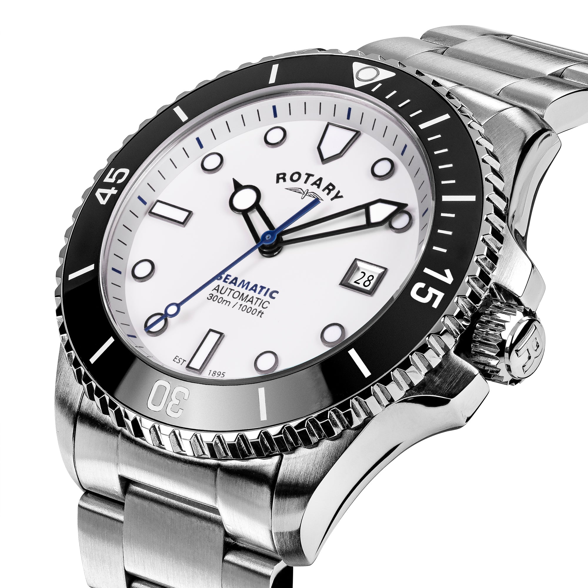 Rotary Seamatic watch with silver case and black bezel on a white background