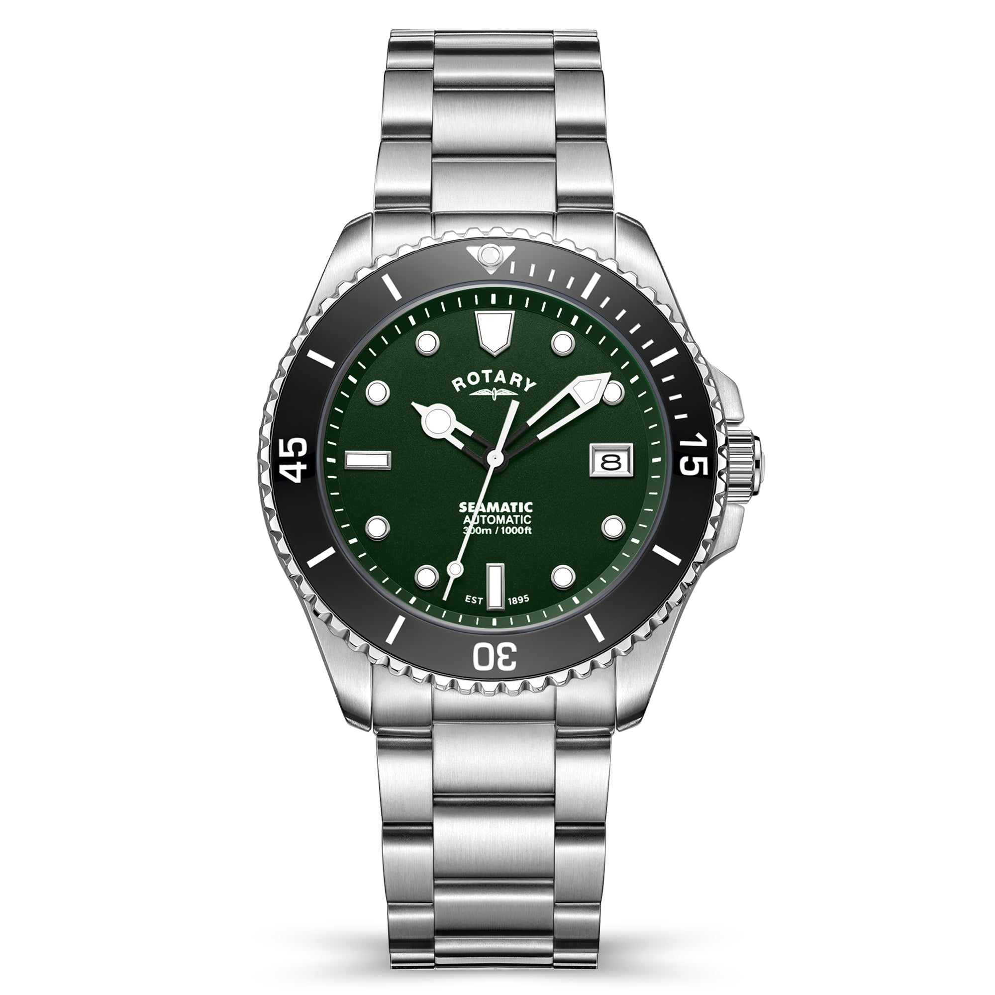 Rotary watch with green dial and silver metal strap on white background