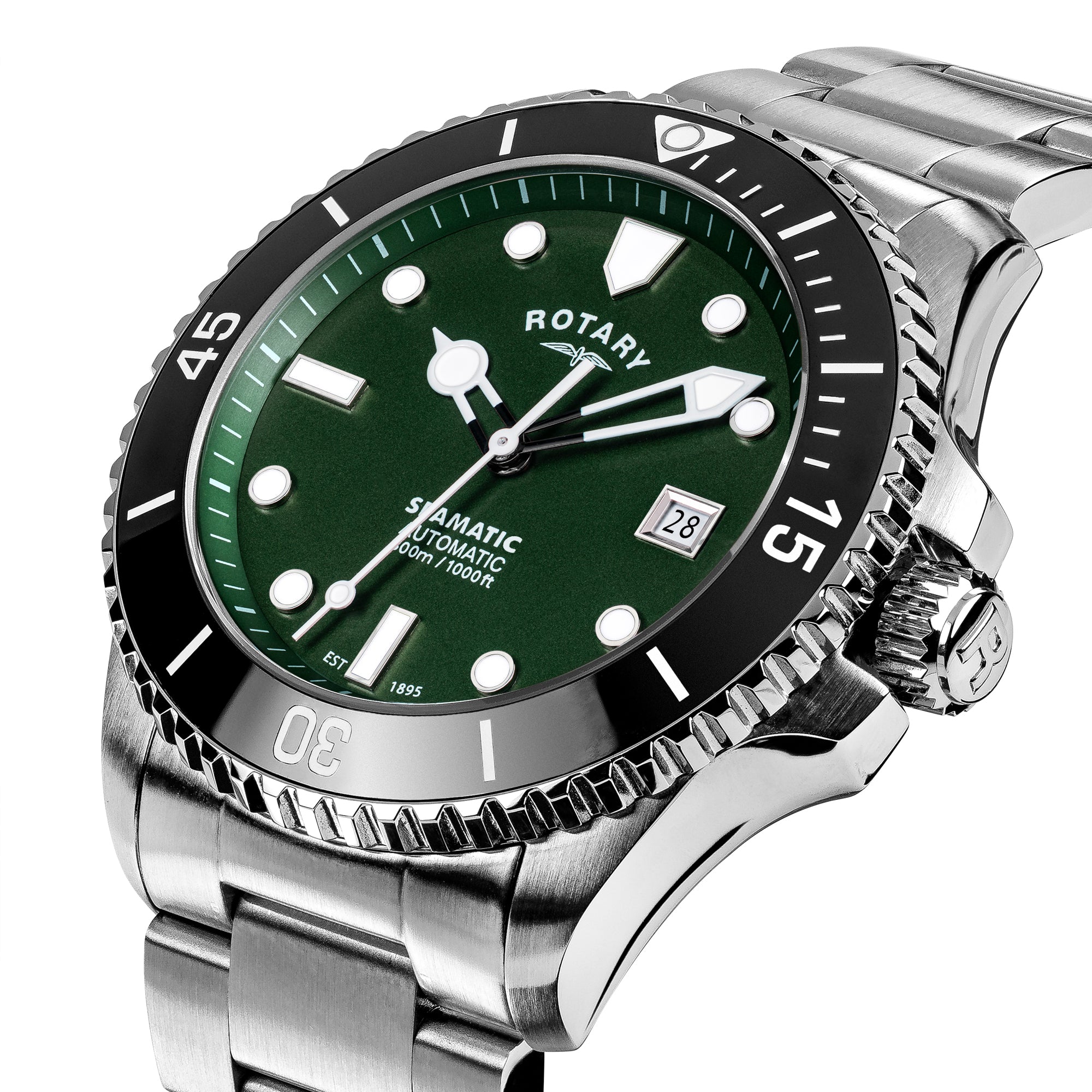 Rotary Seamatic watch with green dial and silver metal strap on a white background