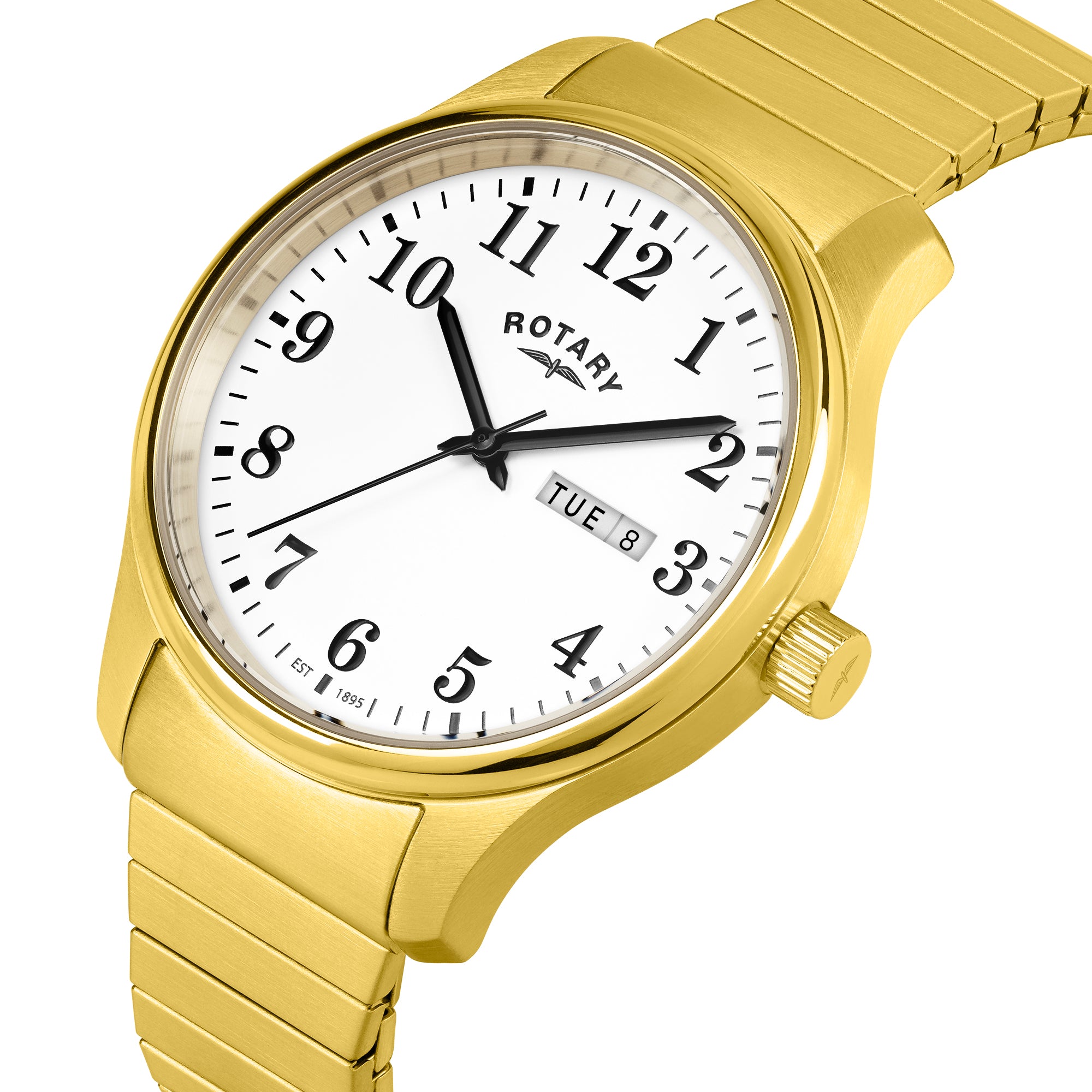 Gold Rotary wristwatch with a white face displaying the brand 'Rotary'.