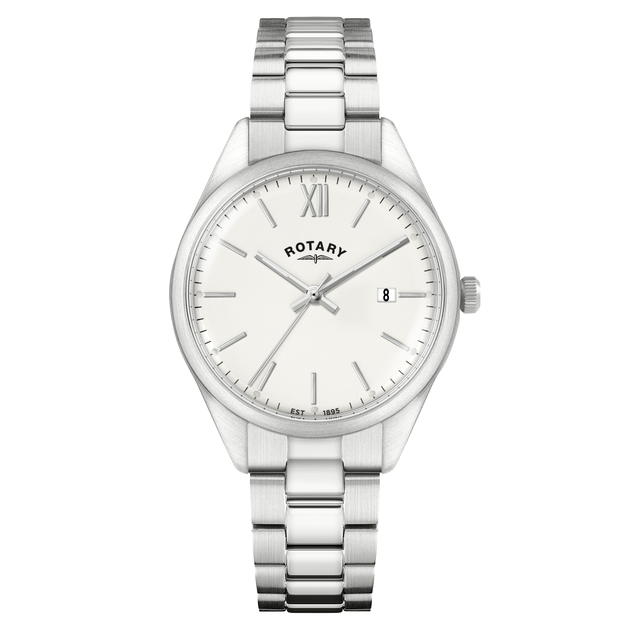 Silver rotary heritage watch with a white face on a white background