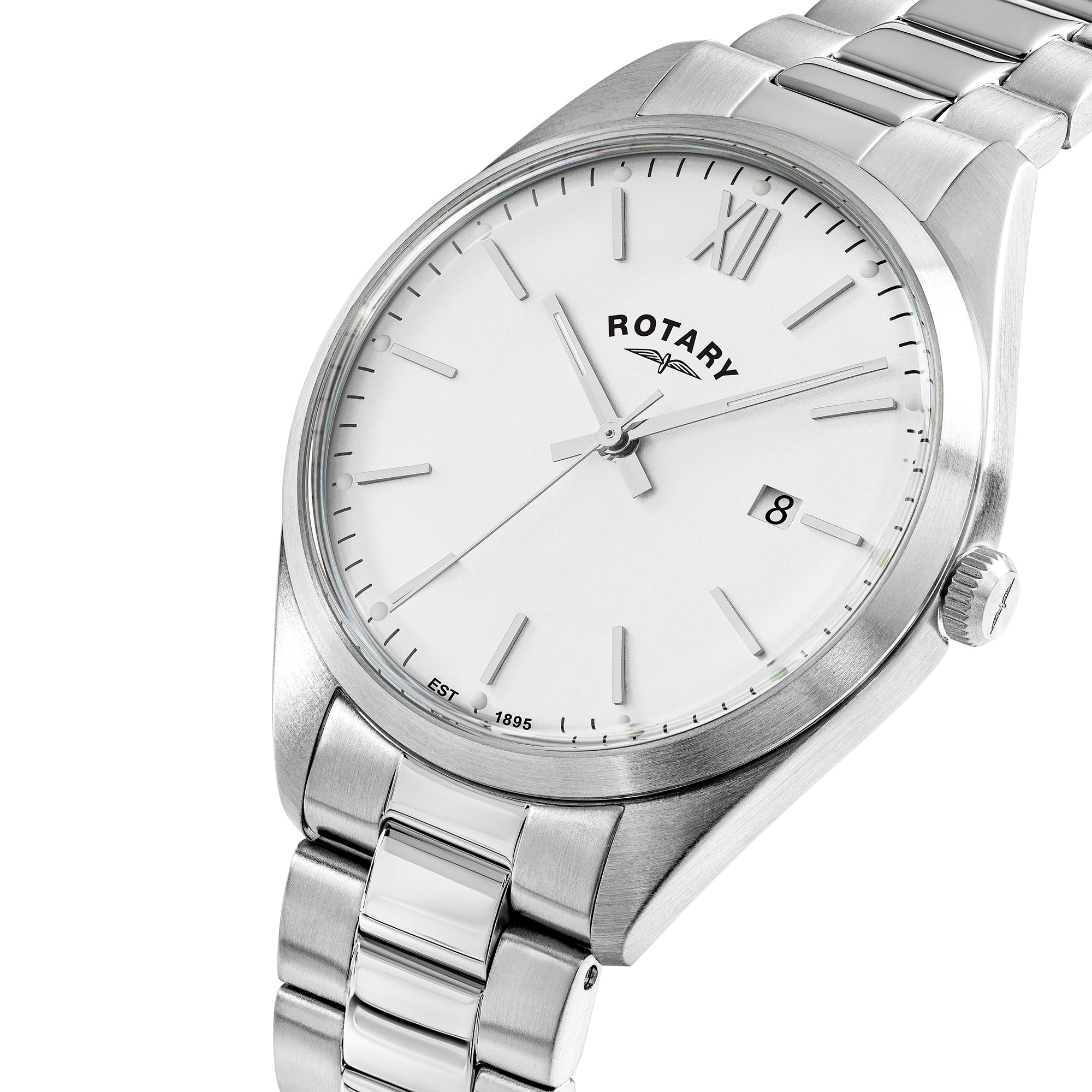 Silver Rotary watch with a white face on a white background