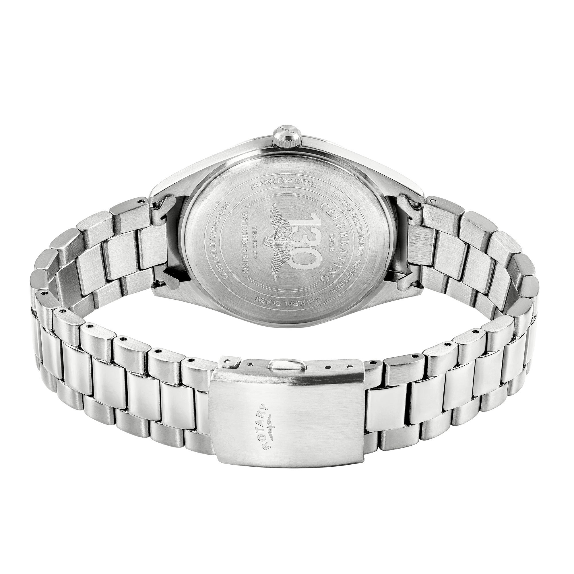 Silver Rotary watch with metal band on a white background