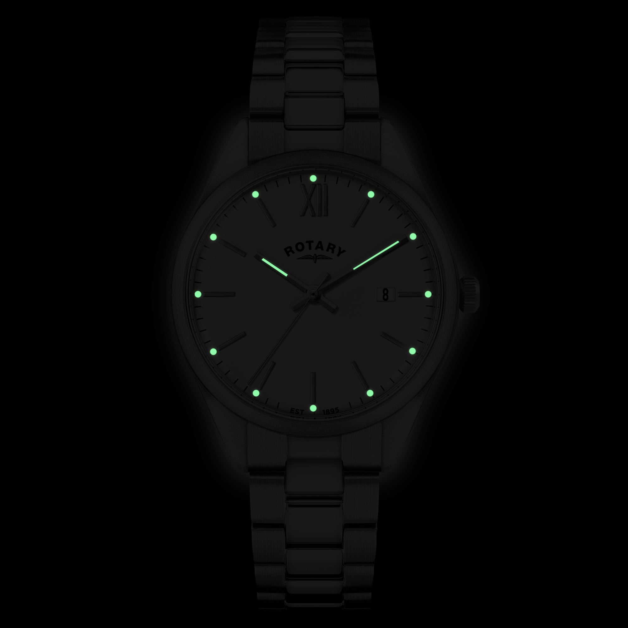 Rotary watch with lumed indicies on a black background