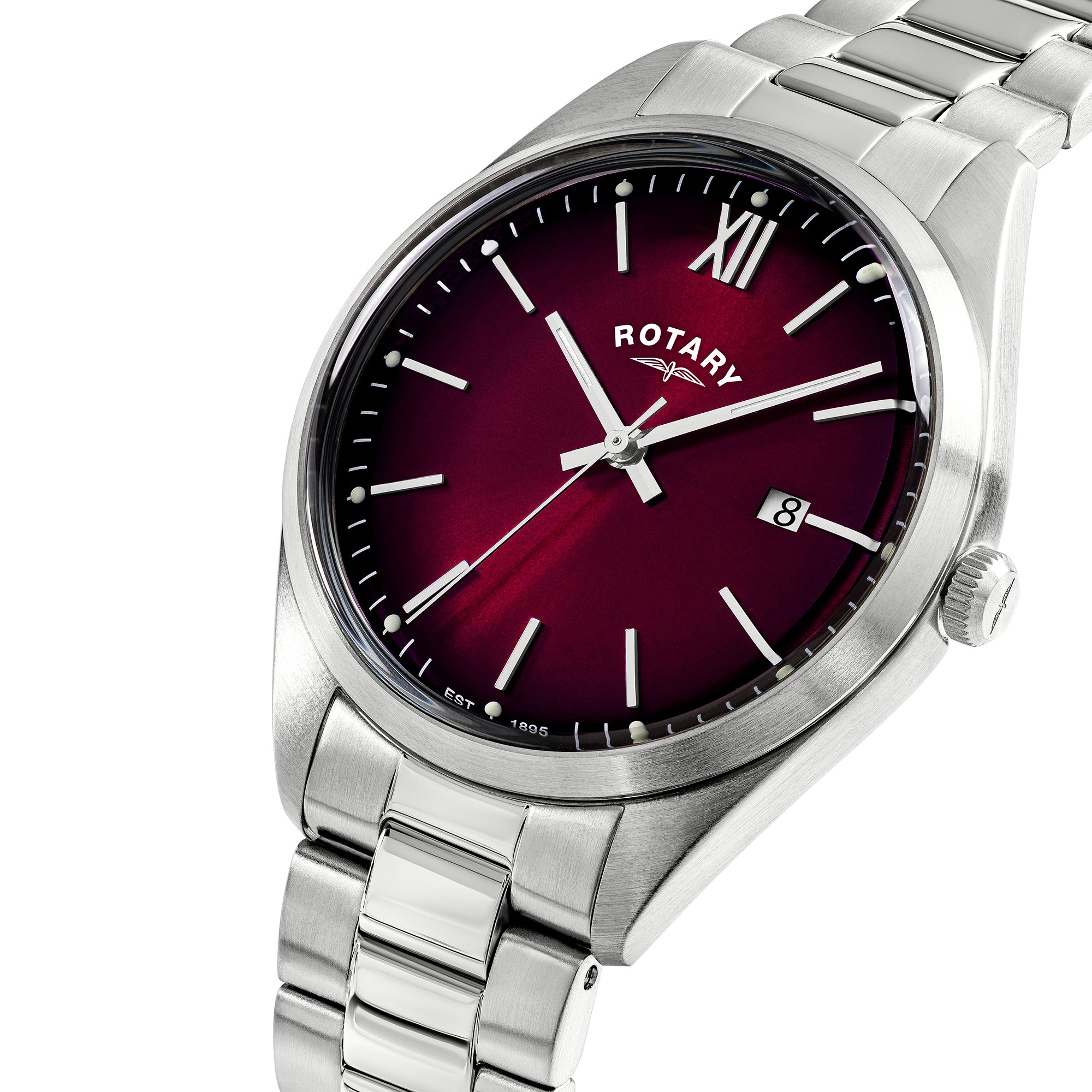 Rotary watch with stainless steel bracelet and maroon dial on a white background
