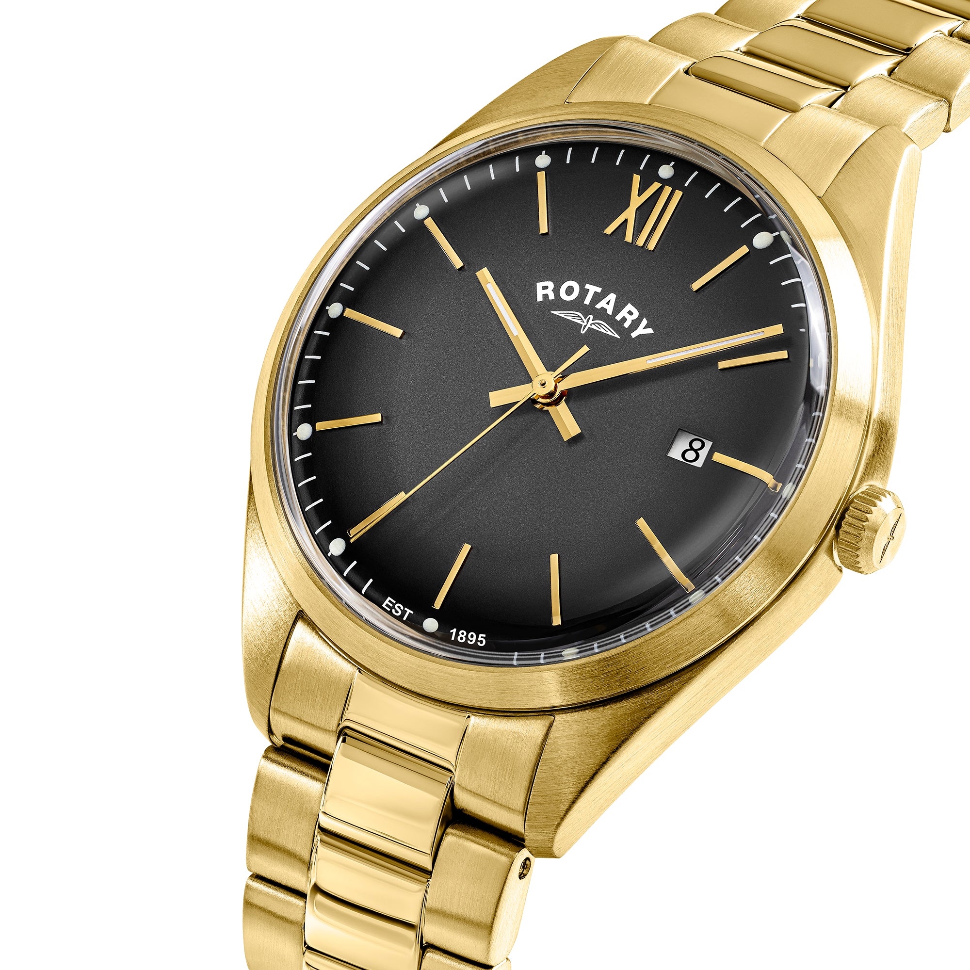 Gold Rotary wristwatch with black dial and Roman numeral hour markers on a white background