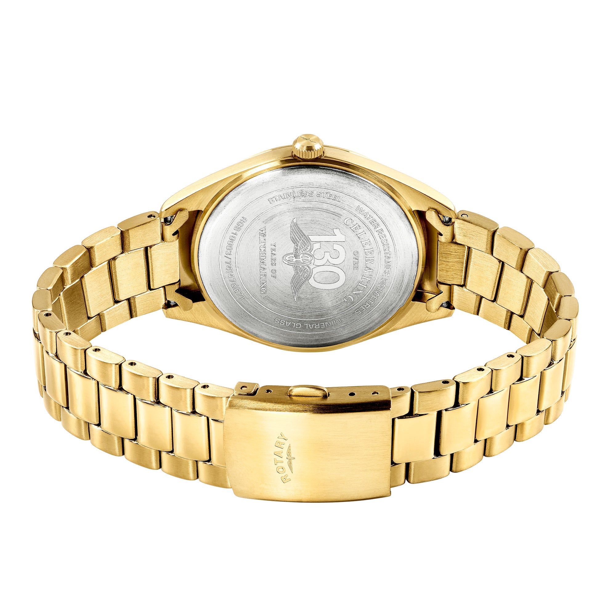 Gold Rotary watch with a detailed face on a white background