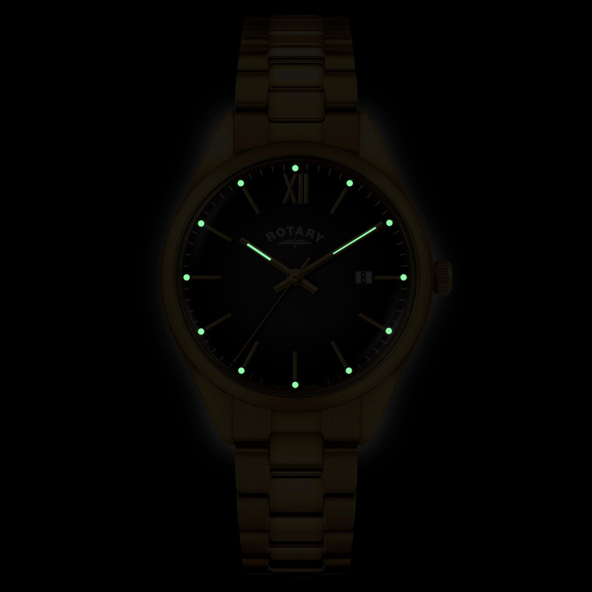 Rotary wristwatch with glowing indices on a black background