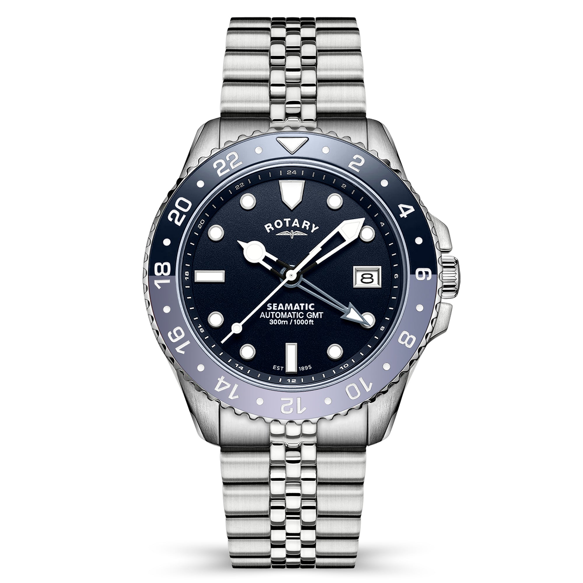 Rotary Seamatic GMT watch with a blue dial and stainless steel case pictured from the front on