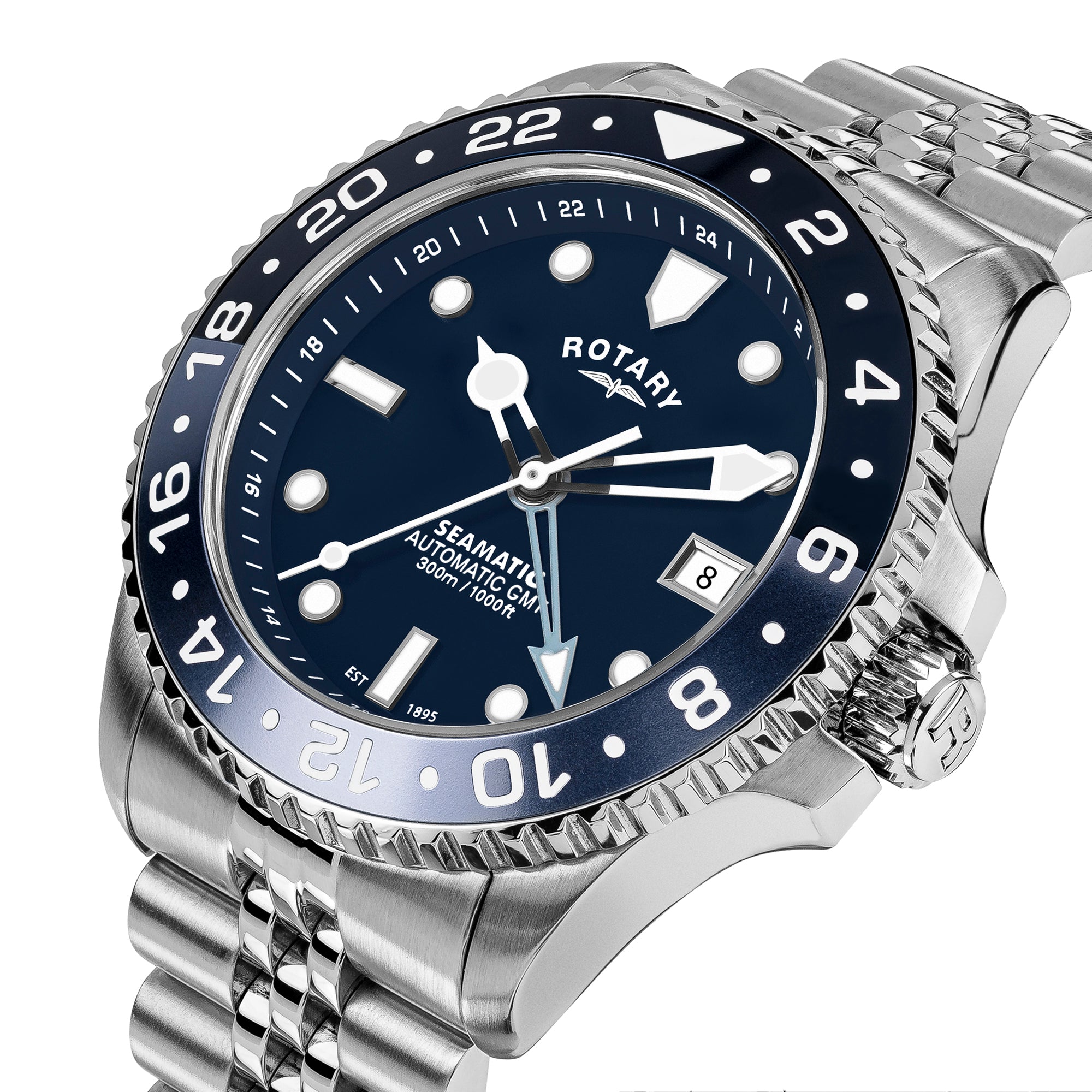 Rotary Seamatic GMT watch with blue bezel and silver bracelet on a white background