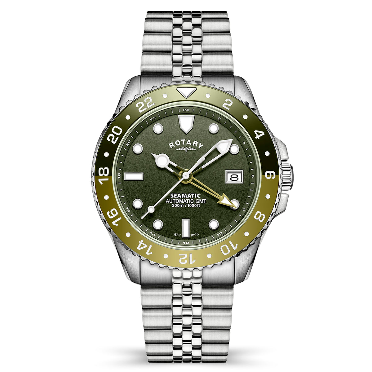 A Rotary Seamatic automatic watch with a green dial, olive green bezel, and a silver stainless steel link bracelet, shown on a clean white background.