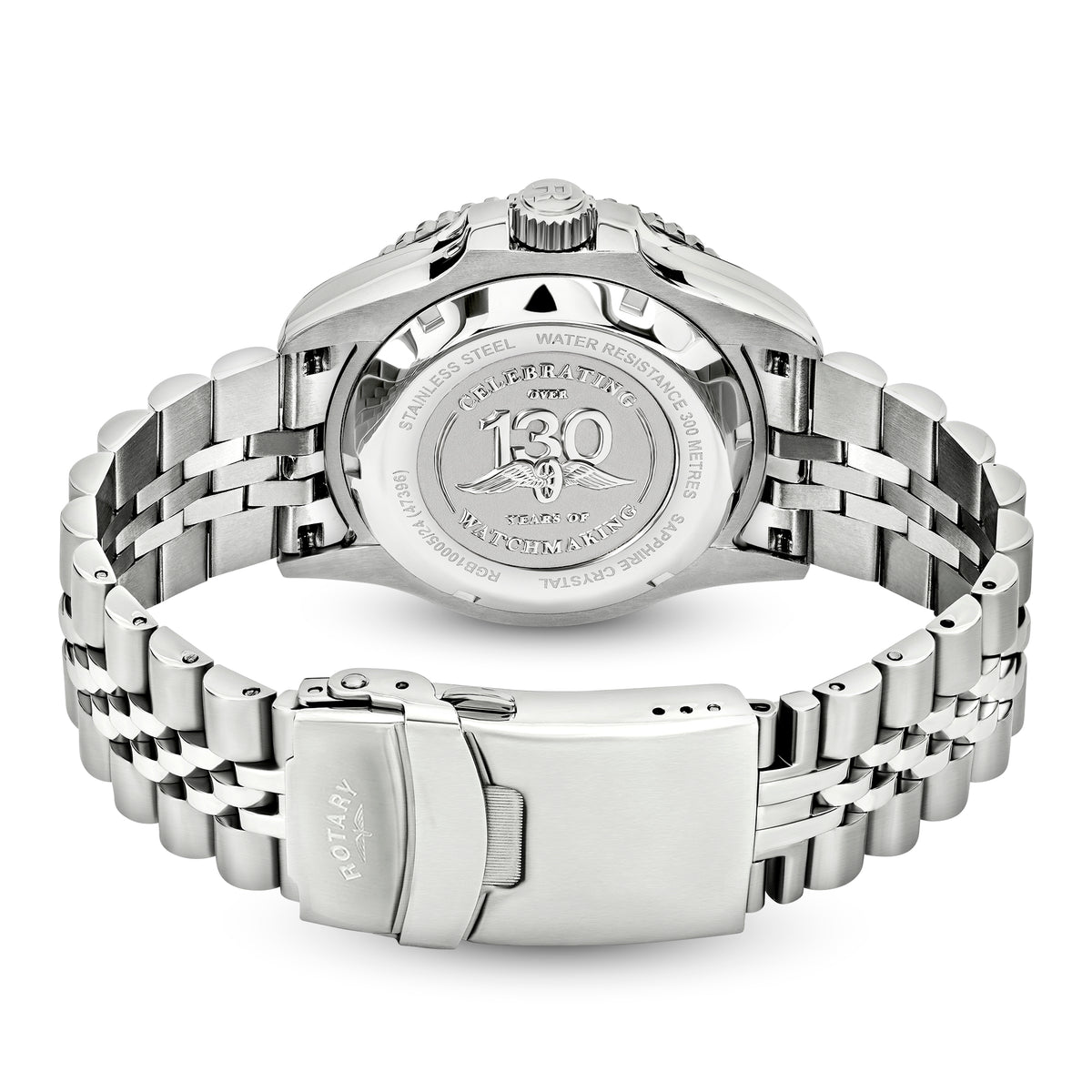 The back view of a stainless steel Rotary Seamatic 300 GMT wrist watch with a metal link bracelet, featuring a polished case back on a white background.