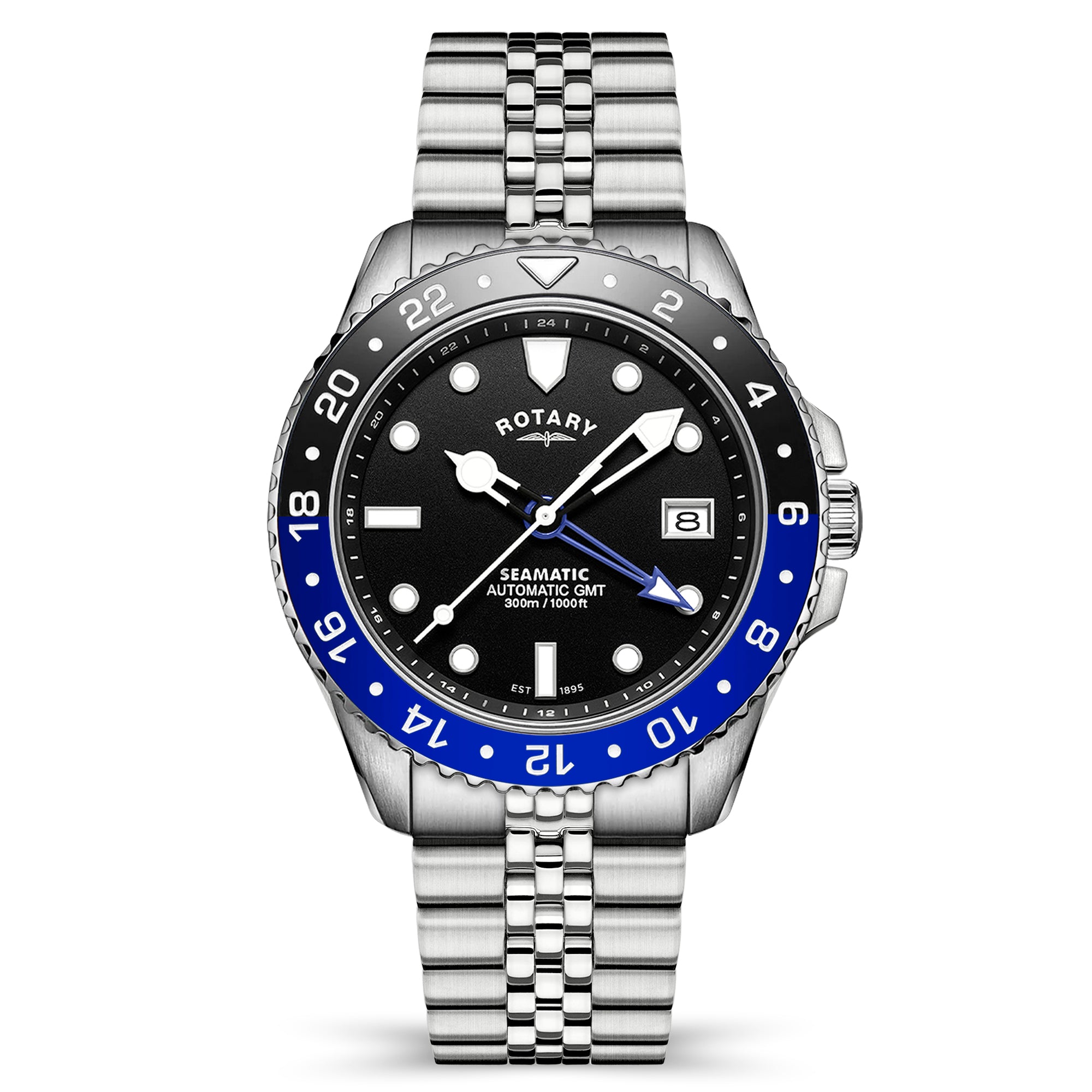 A silver-tone stainless steel Rotary Seamatic GMT wristwatch with a black dial, blue bezel insert, and matching silver-tone link bracelet, shown on a plain white background.