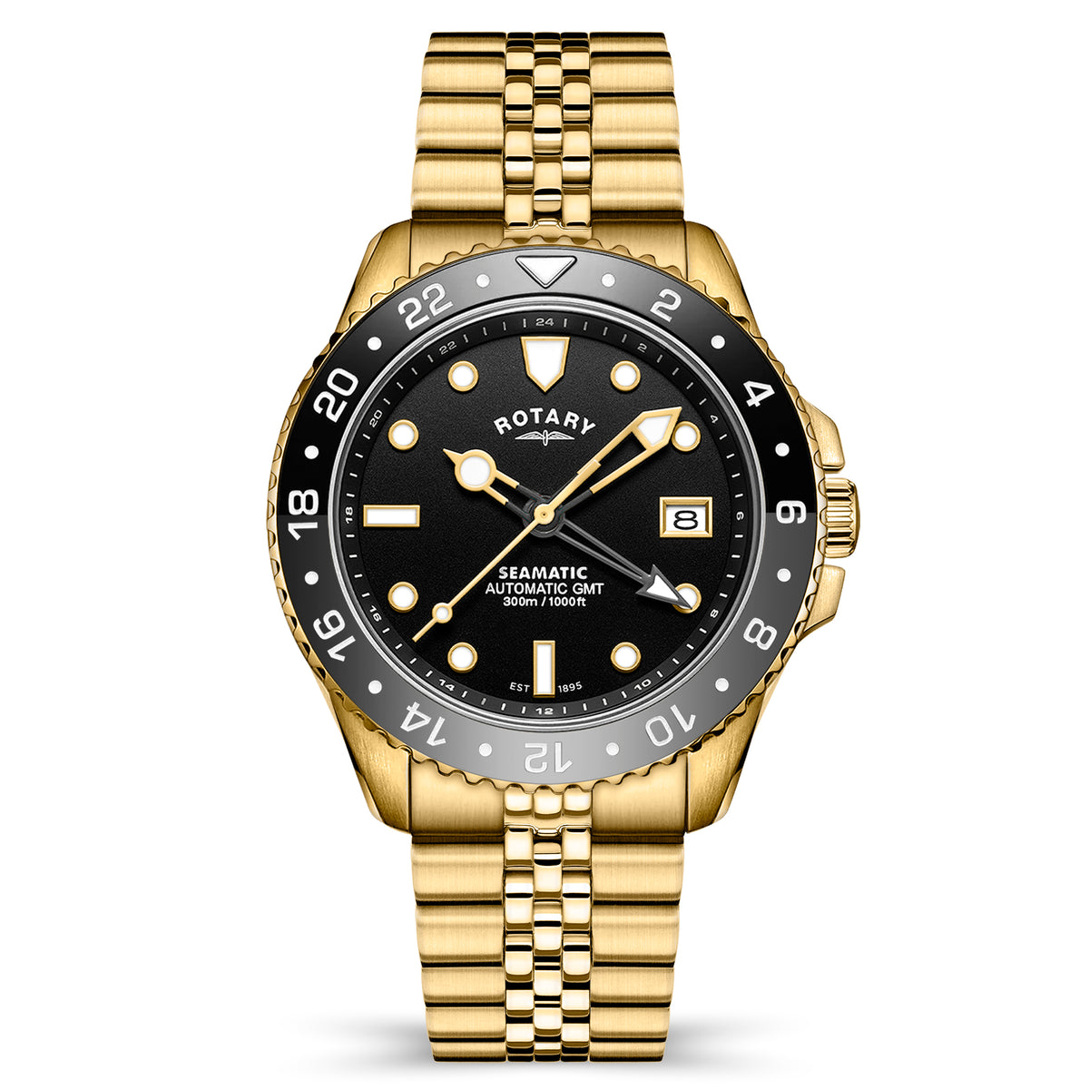 A gold-tone Rotary Seamatic 300 GMT automatic watch with a black dial and a black bezel featuring white numerals, shown on a clean white background. The brand name 'ROTARY' is clearly visible on the dial.