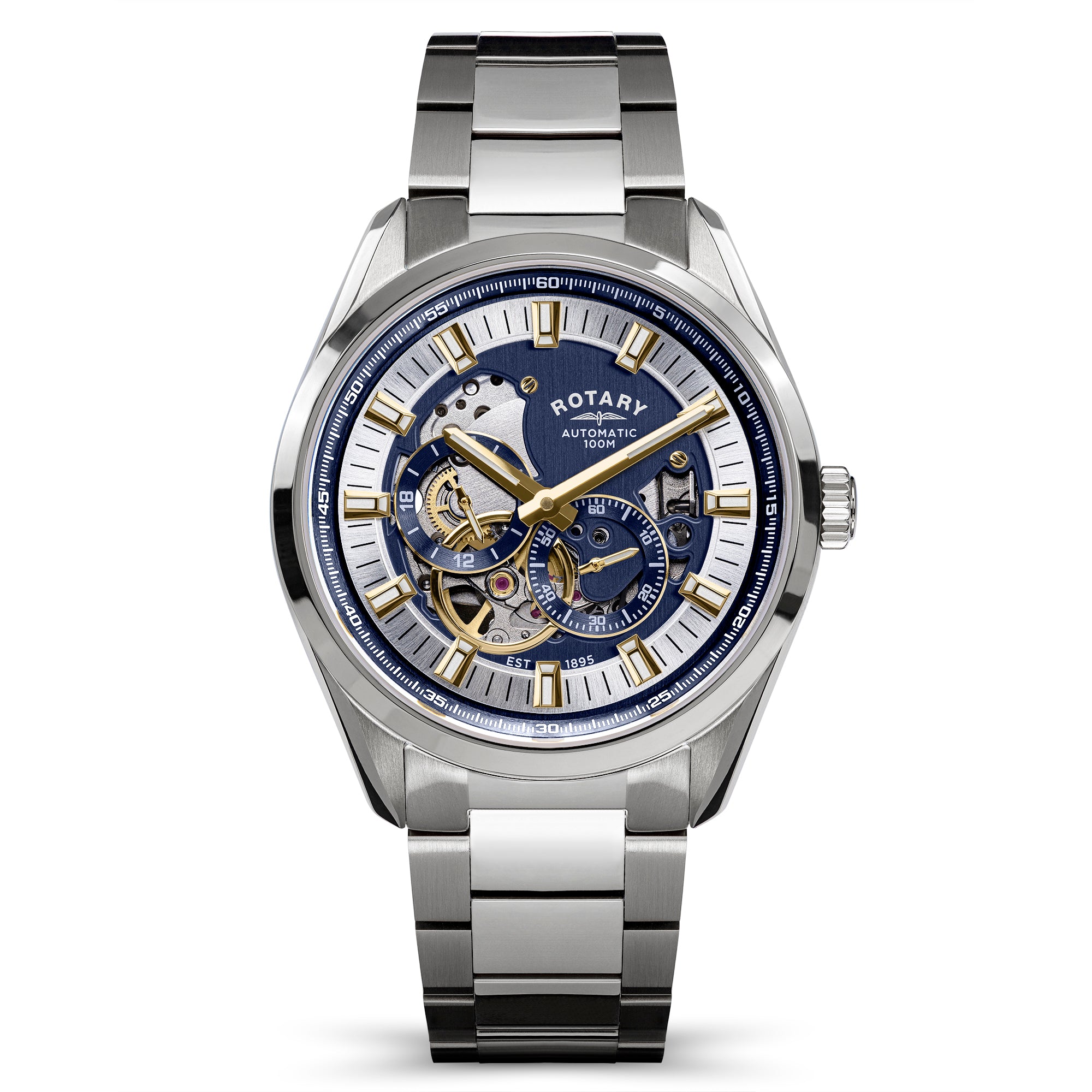 Silver Rotary Seamatic Eclipse wristwatch with a detailed face on a white background