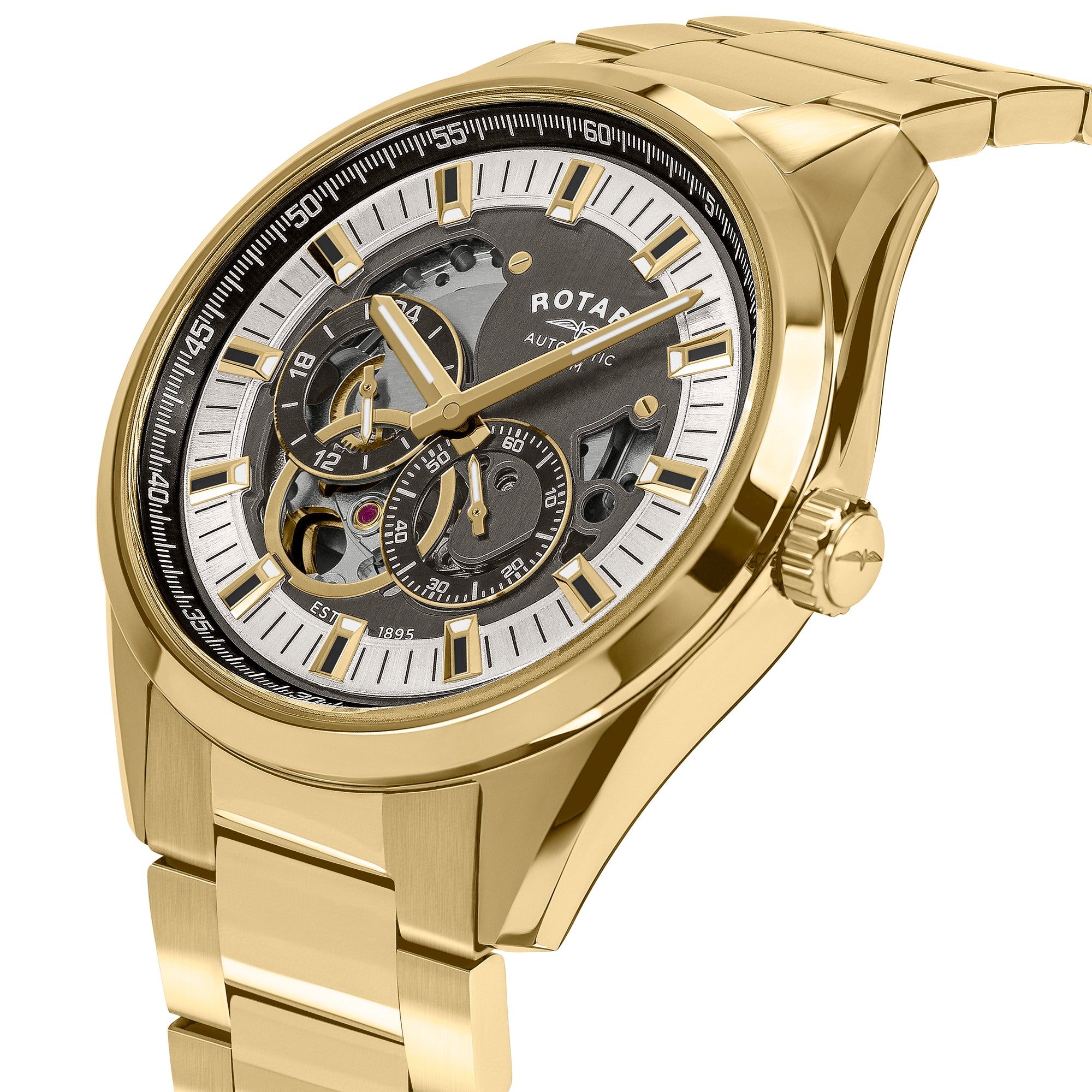Gold wristwatch with a detailed dial on a white background