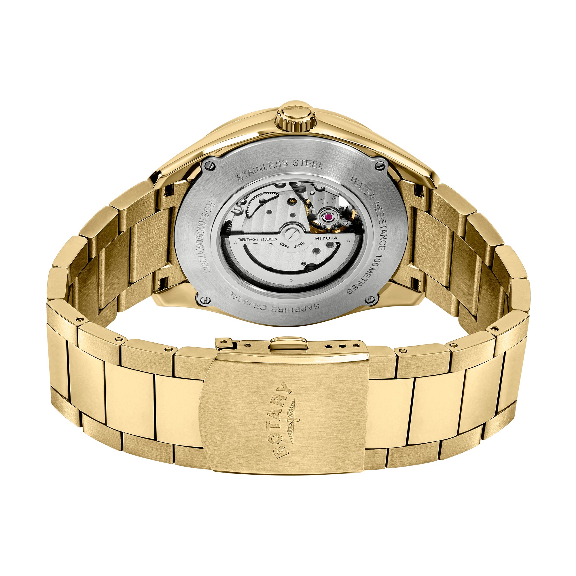 Gold watch with visible movement on a white background