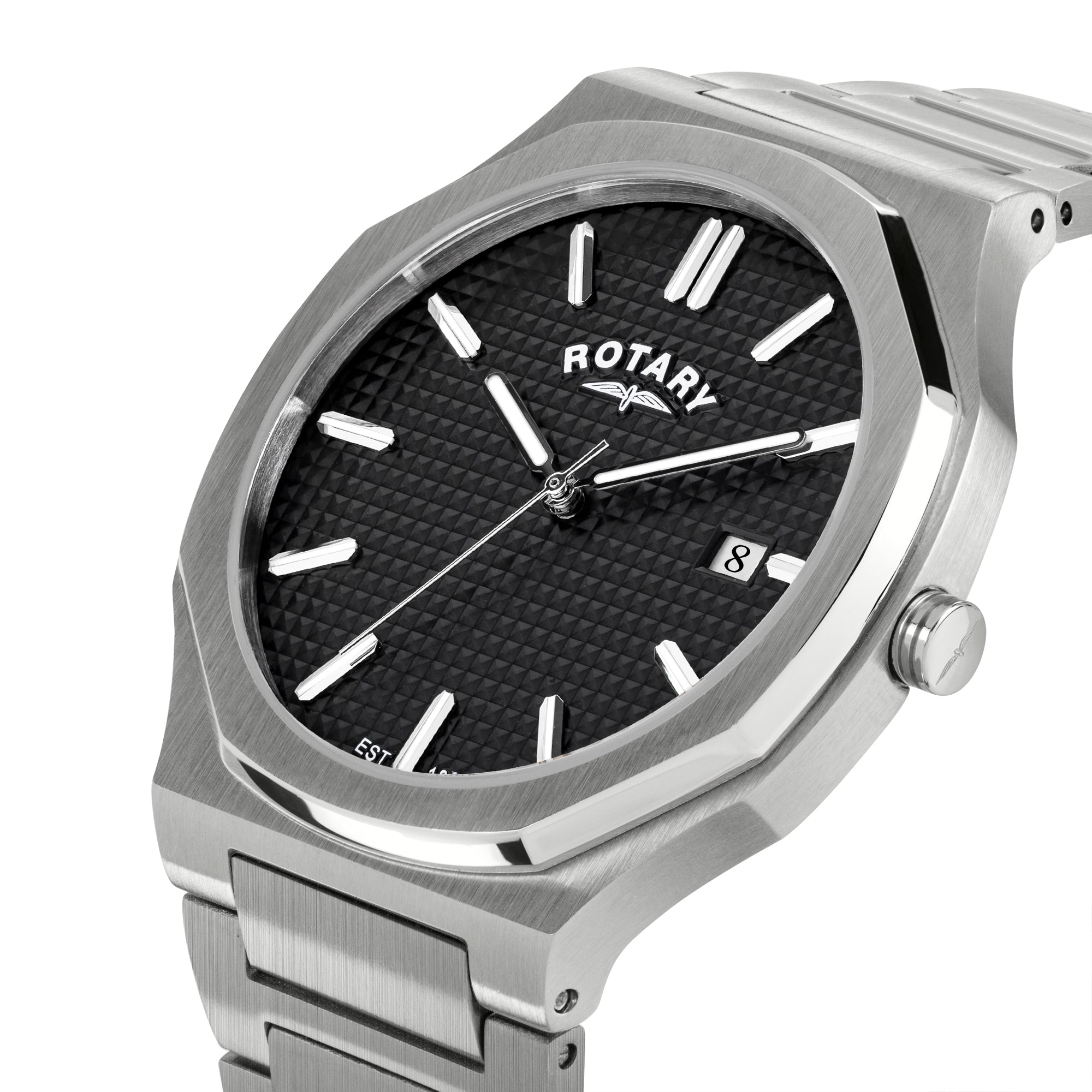 Silver Rotary watch with black dial on a white background