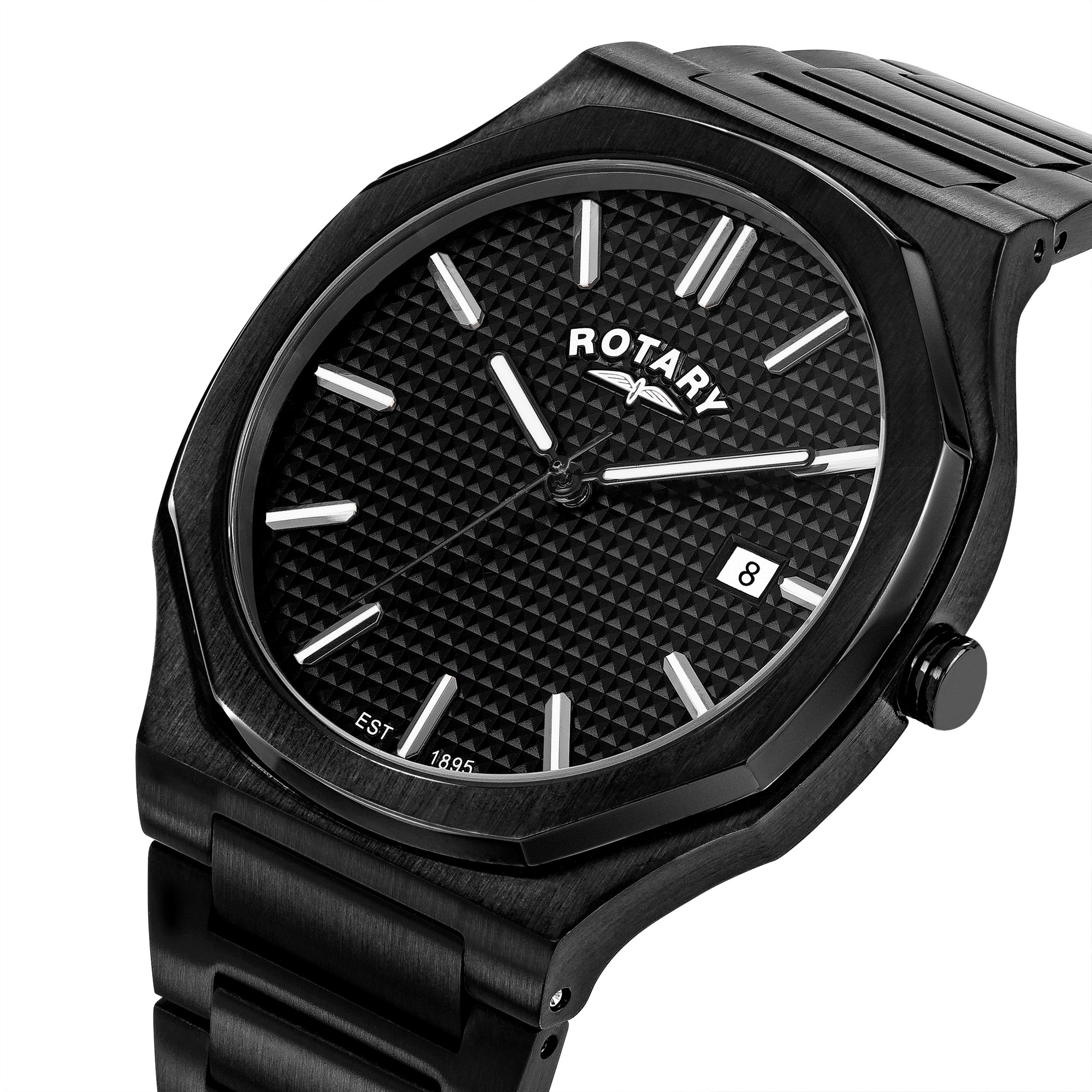 Black rotary watch with a textured face on a white background