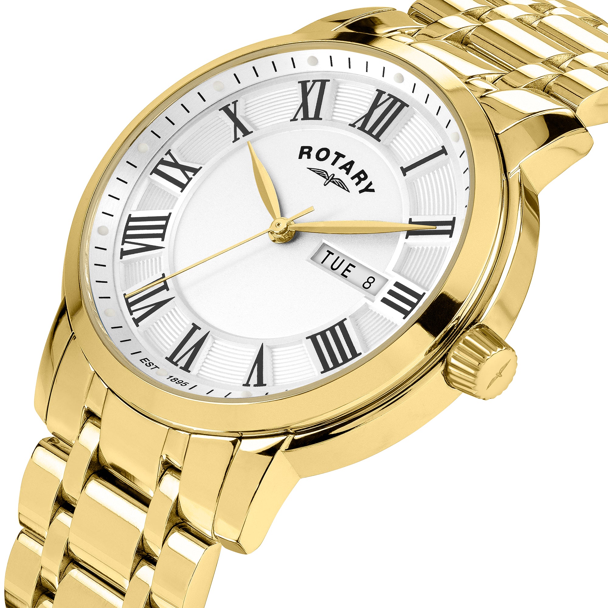 Gold Rotary wristwatch with white face and black Roman numerals on a white background
