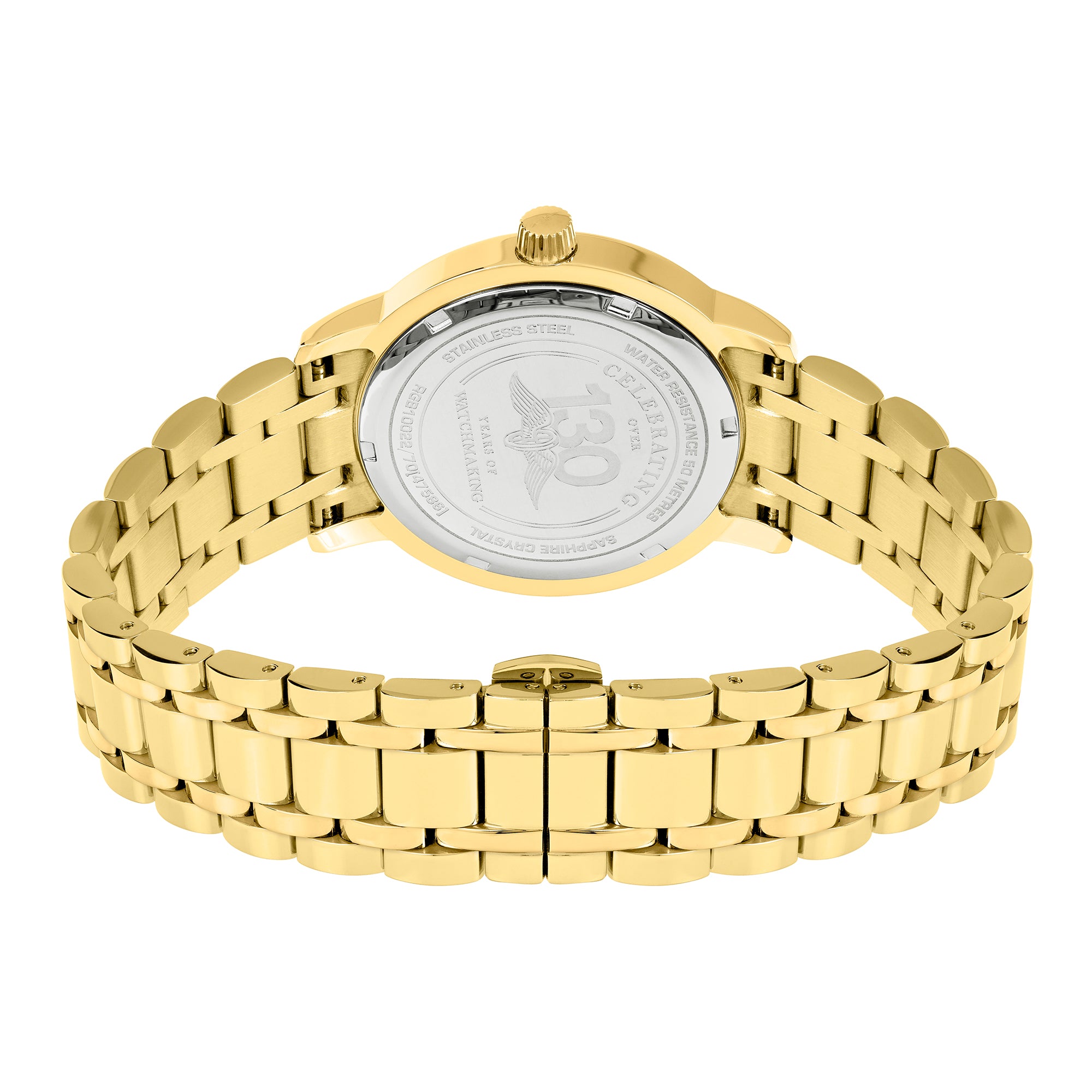 Gold Rotary watch with a white face on a white background