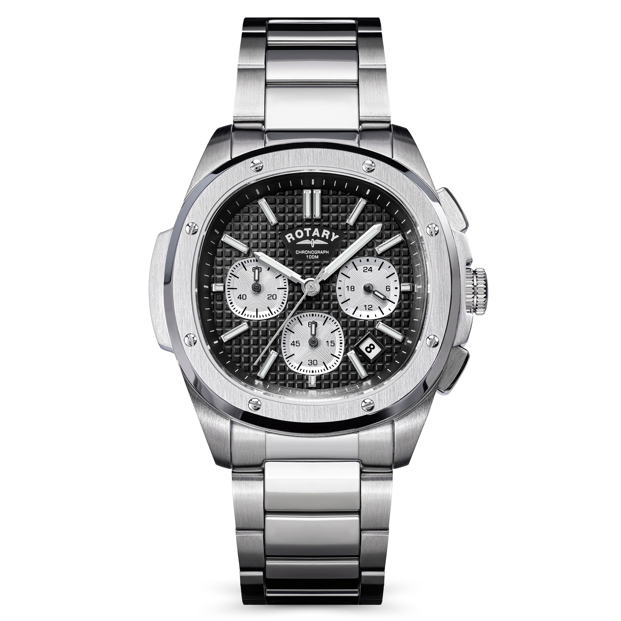 Silver Rotary Apex100 Chronograph watch with a black dial on a white background