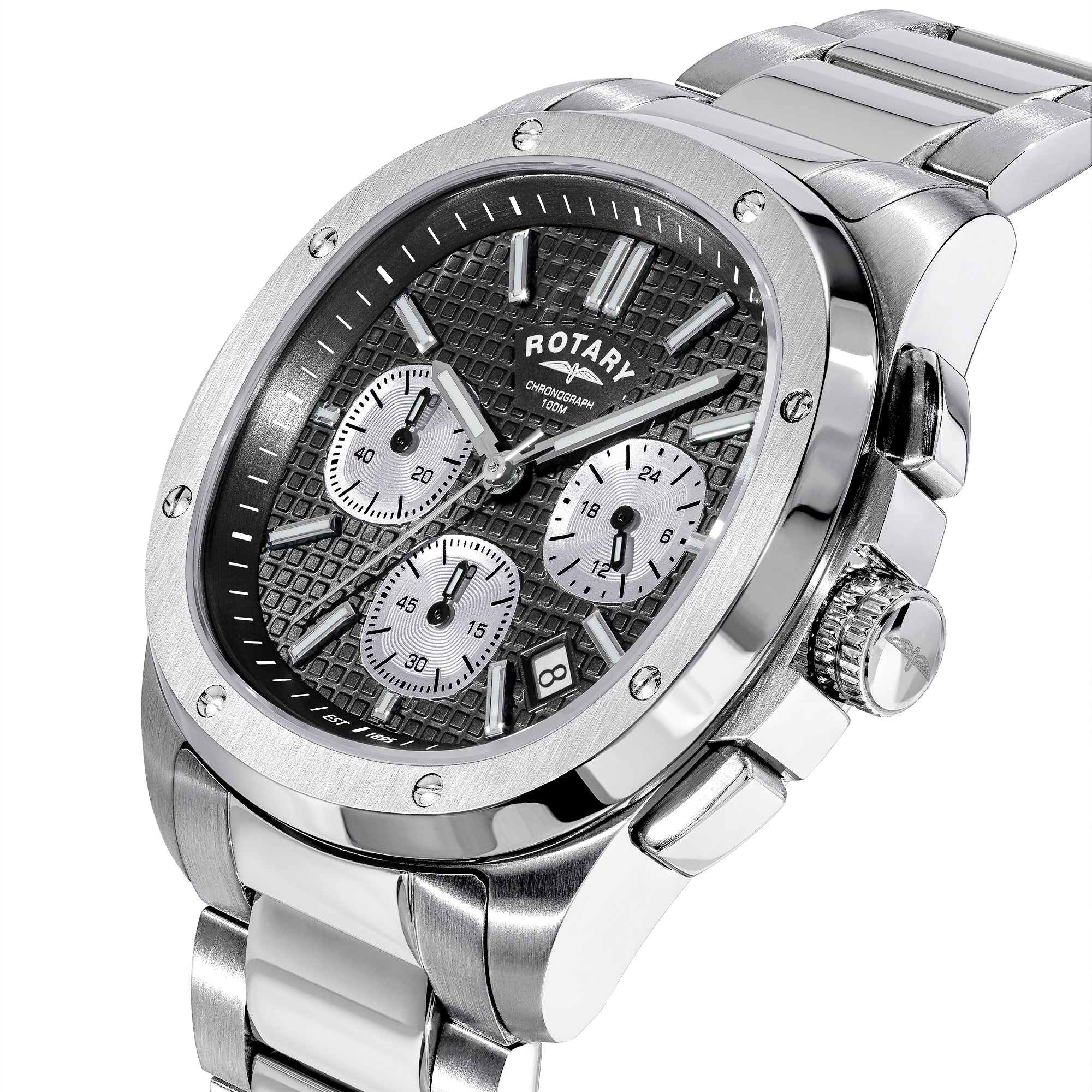 Silver Rotary Apex100 Chronograph wristwatch with detailed face on a white background