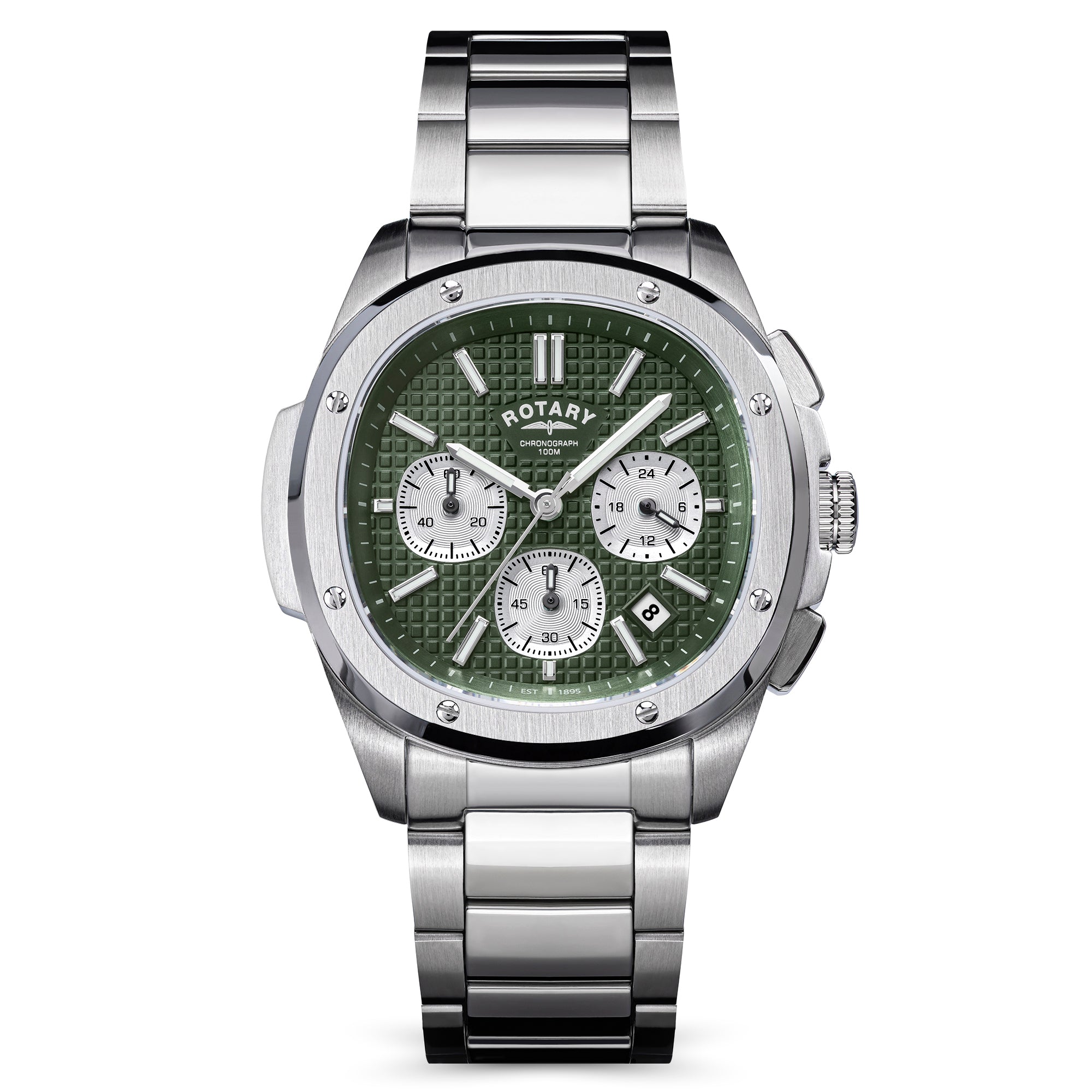 Silver Rotary Apex100 Chronograph watch with a green face on a white background