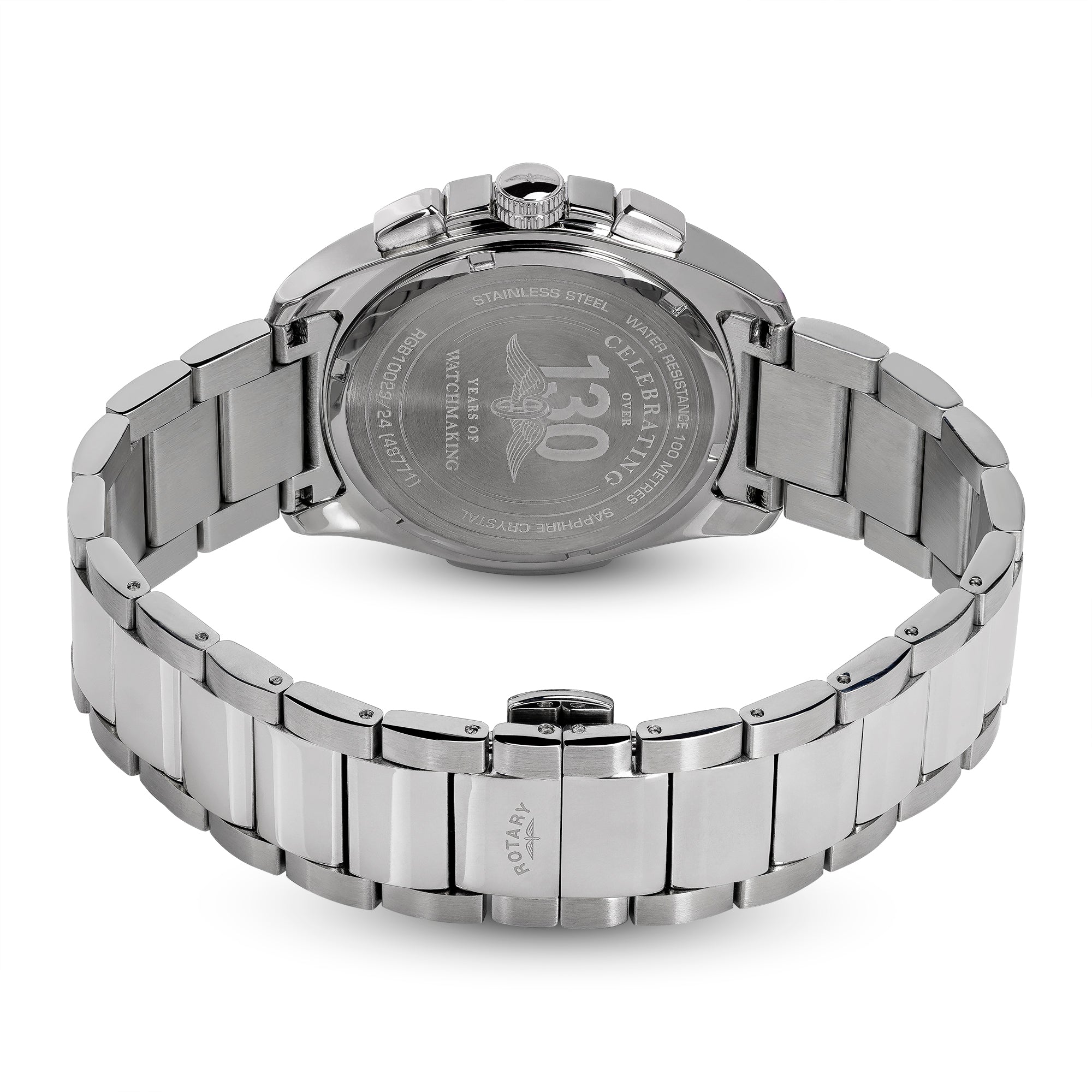 Silver Rotary Apex100 Chronograph watch with detailed case back on a white background