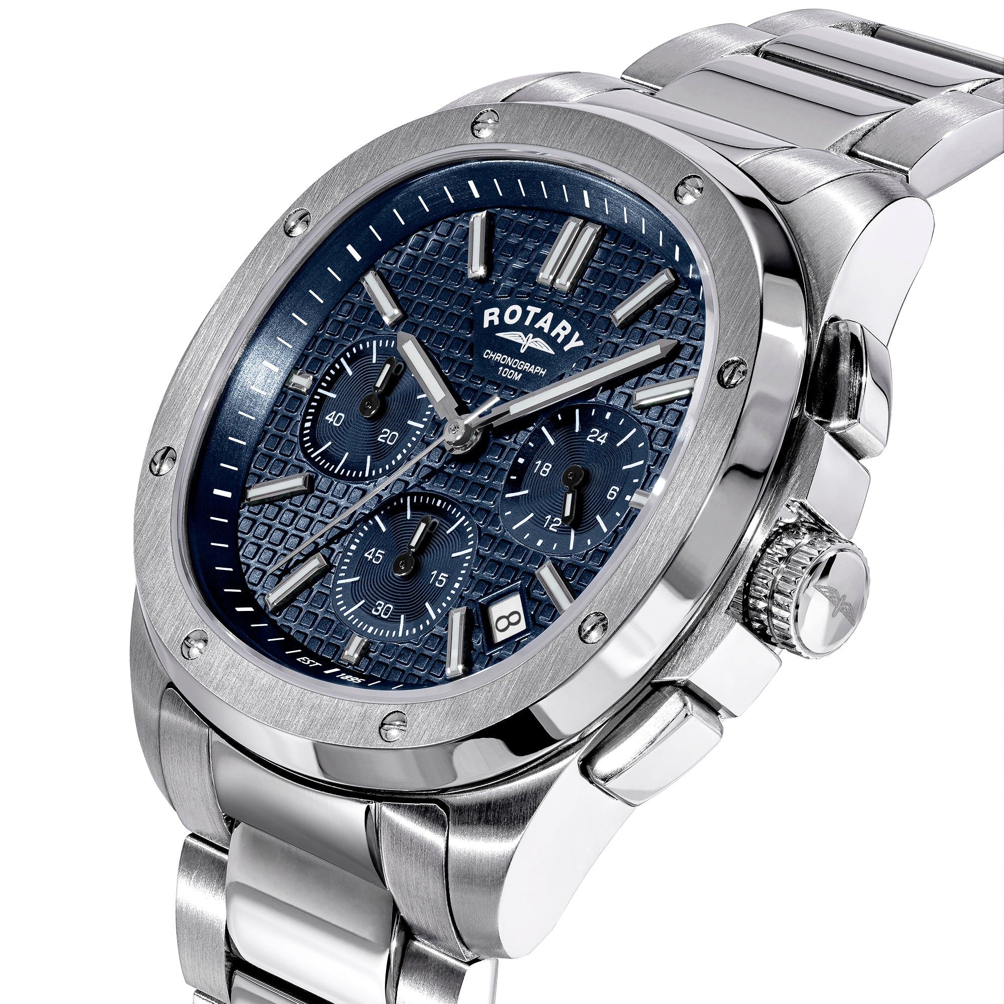 Silver Rotary Apex100 Chronograph watch with blue dial on a white background