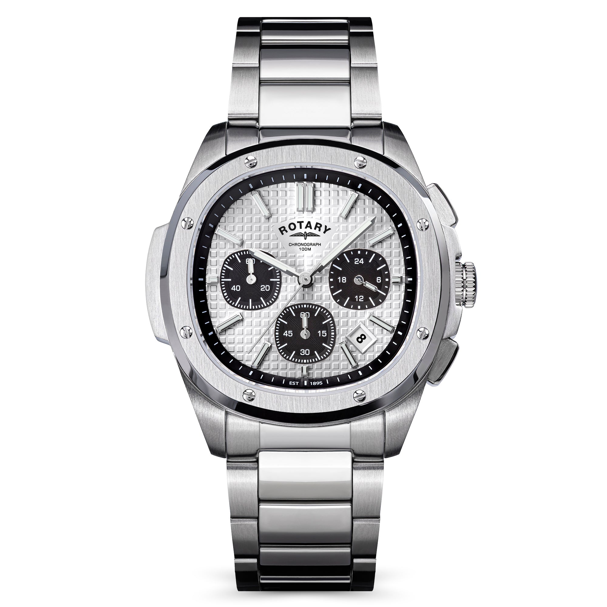 Silver Rotary Apex100 Chronograph watch with a detailed face on a white background