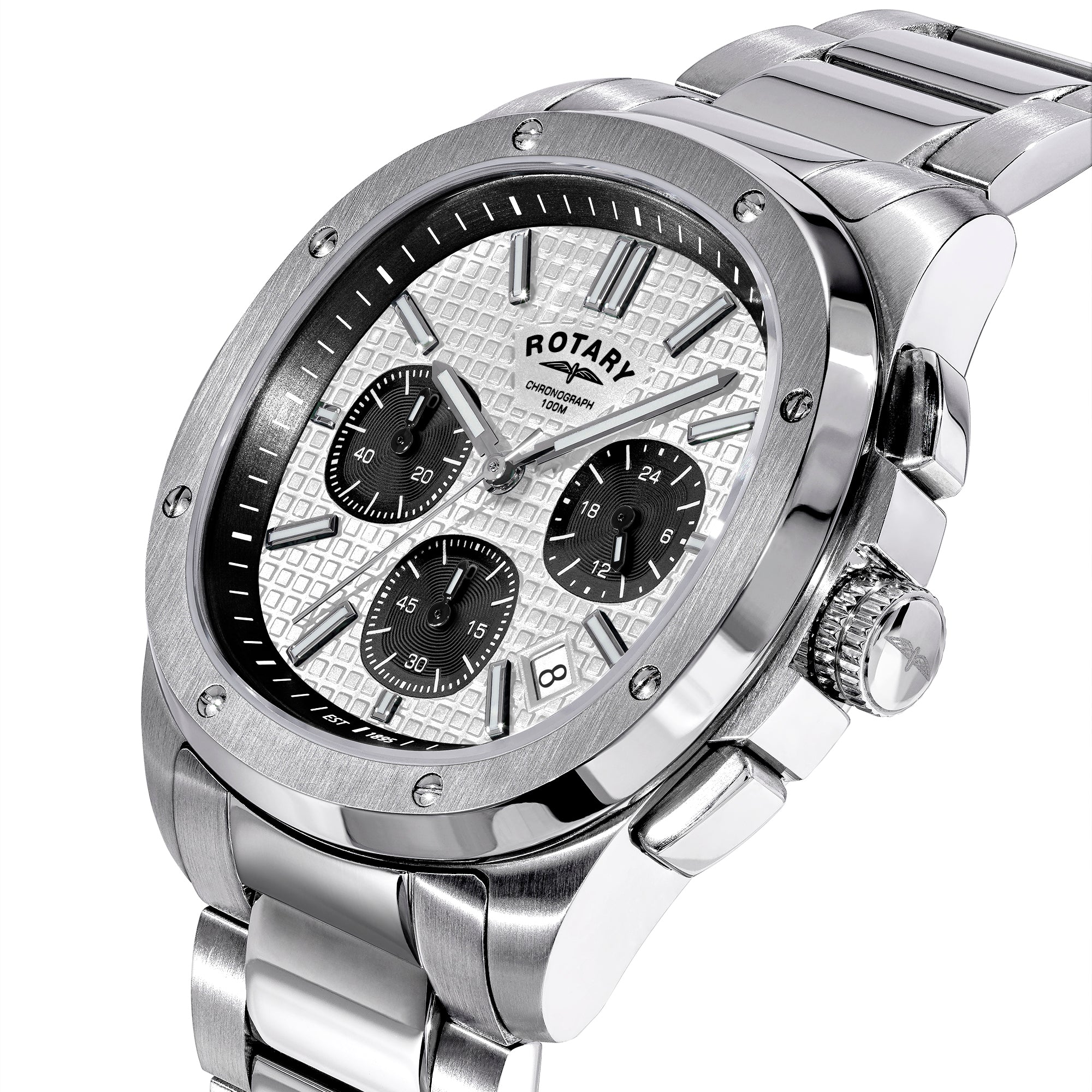 Silver Rotary Apex100 Chronograph watch with a detailed face on a white background