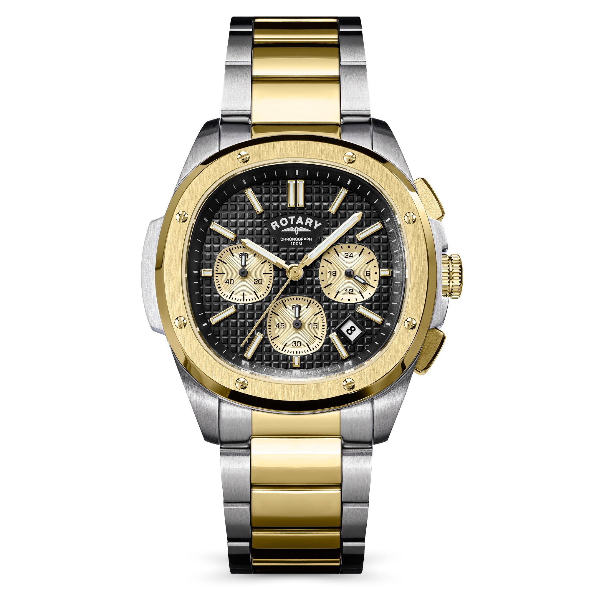 Rotary Apex100 Chronograph watch with two-tone metal strap on a white background