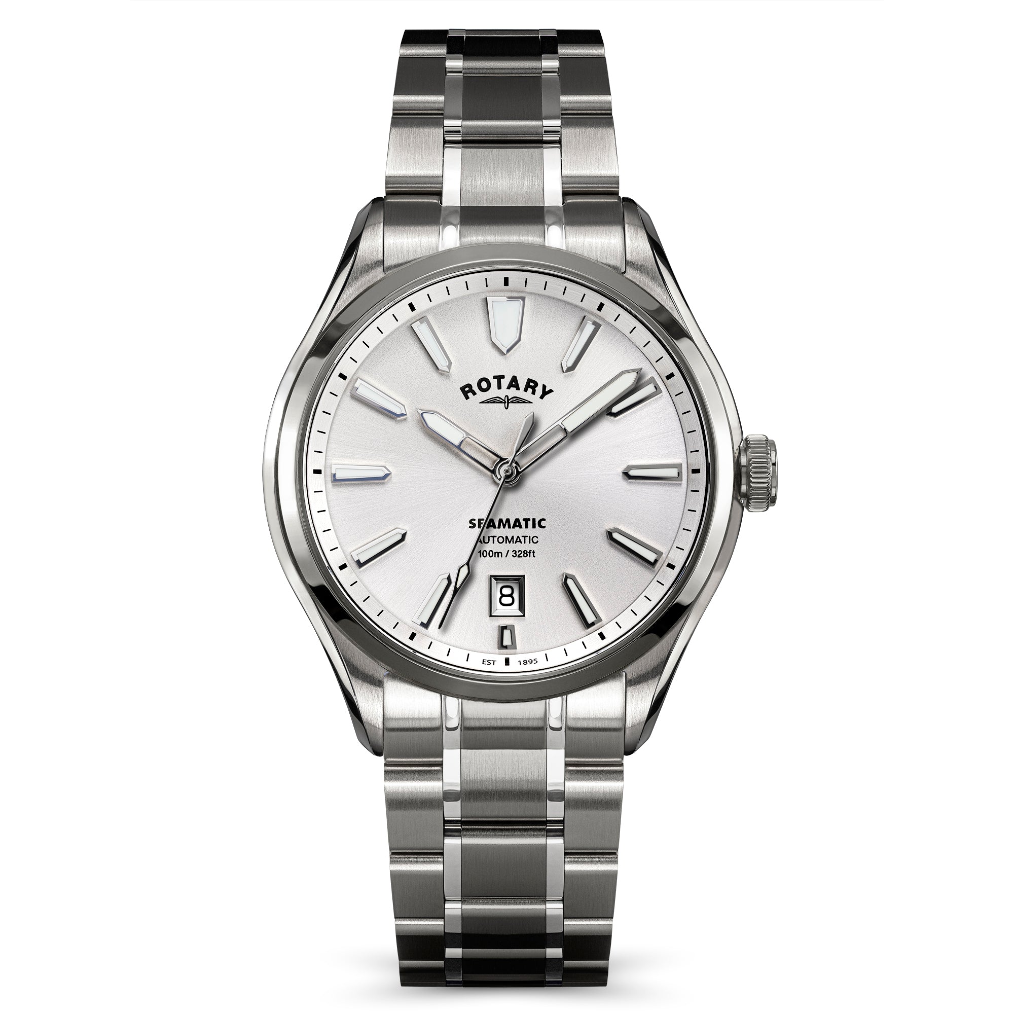 Silver Rotary Seamatic 100 automatic watch with a white face on a white background