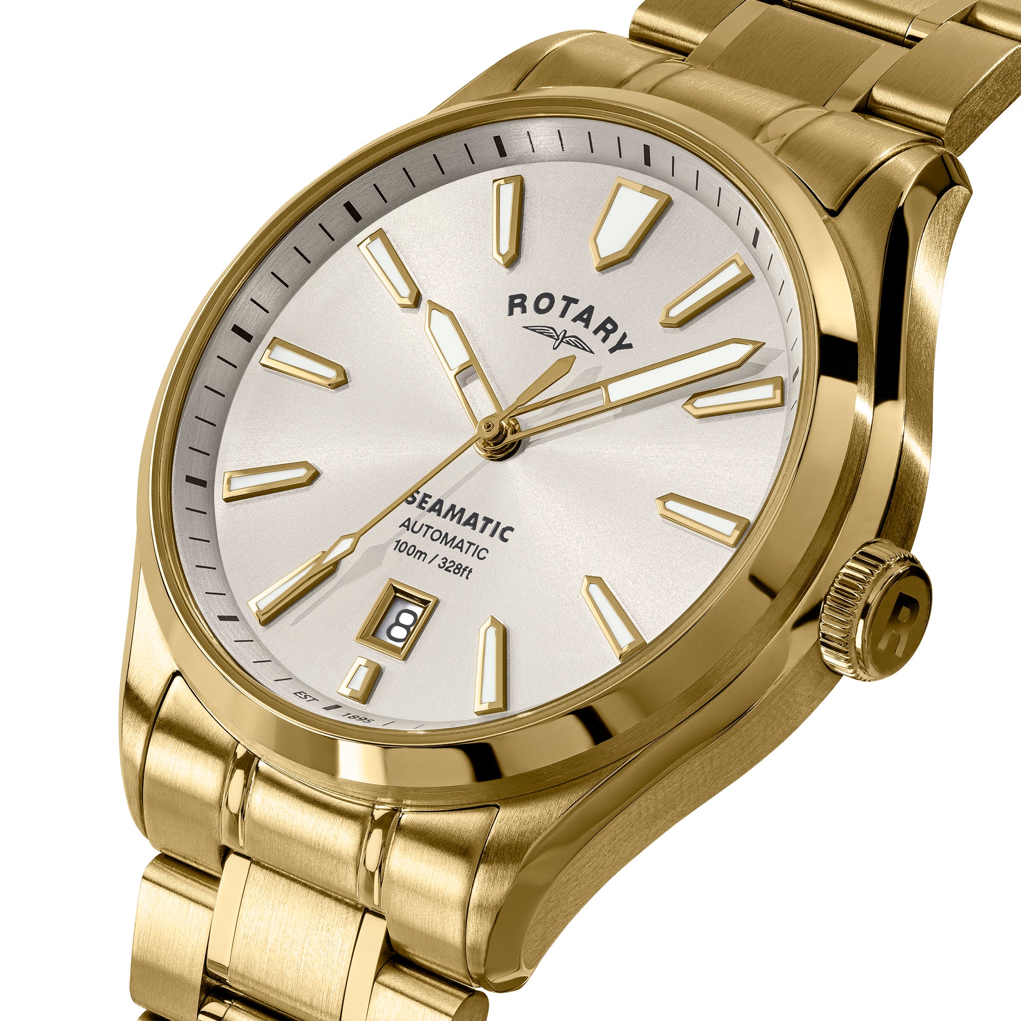 Gold Rotary Seamatic 100 wristwatch with white face and visible Rotary brand on a white background