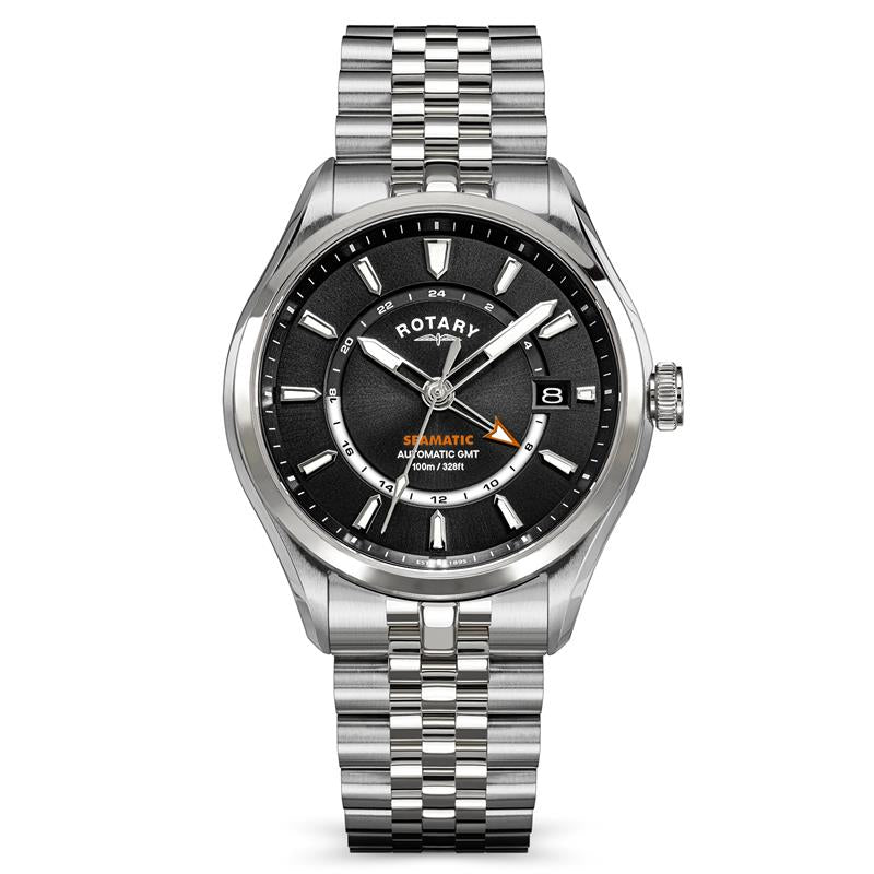 Rotary Seamatic 100 GMT watch with black dial and silver metal bracelet on a white background