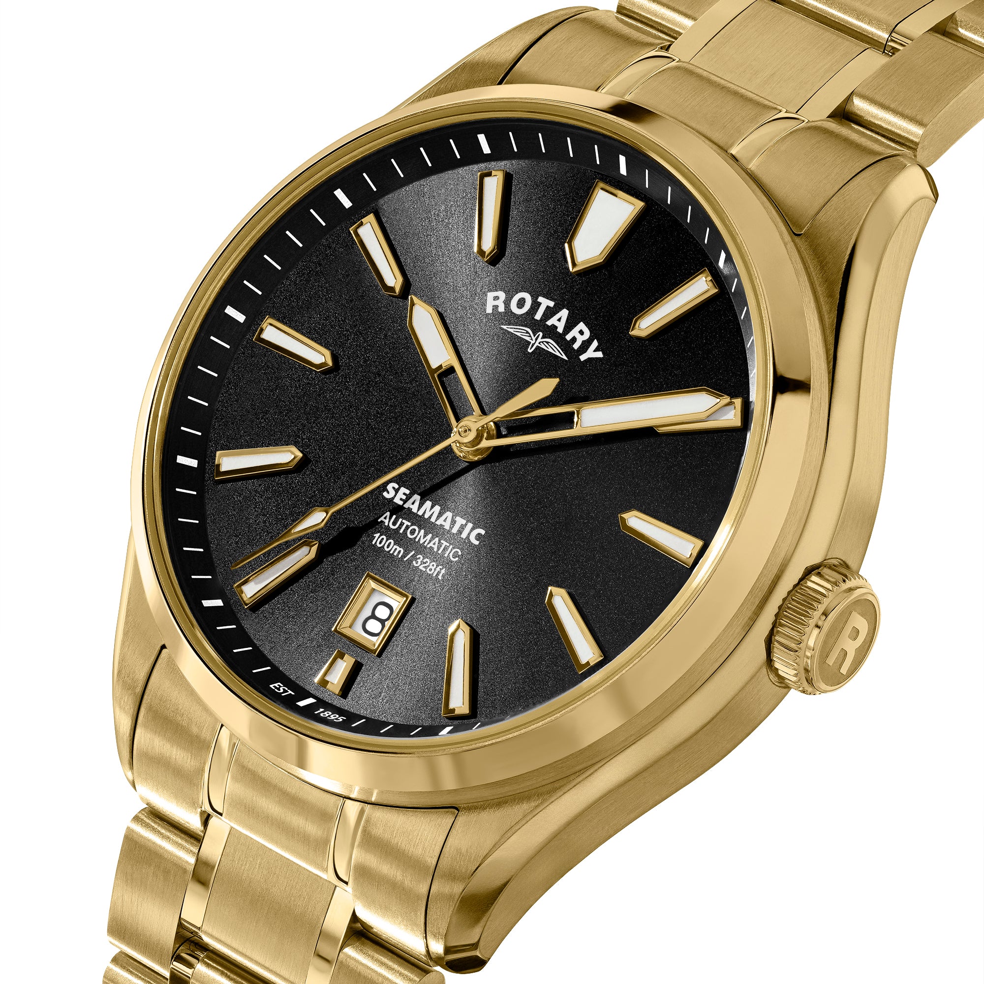 Gold Rotary Seamatic 100 wristwatch with black dial featuring the Rotary brand on a white background