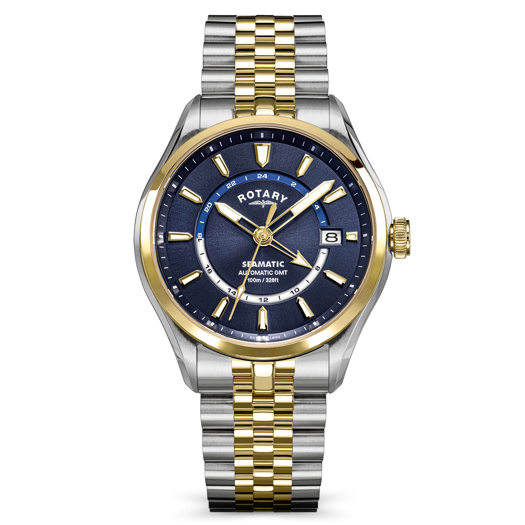 Rotary Seamatic 100 GMT automatic men's watch with two-tone stainless steel bracelet on a white background
