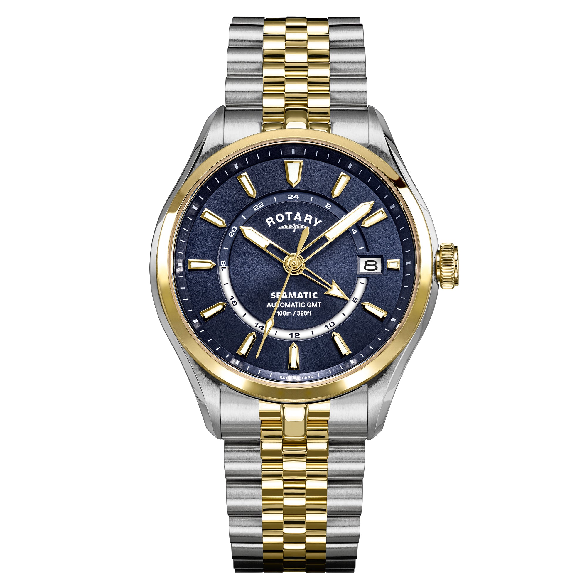 Rotary Seamatic 100 GMT automatic men's watch with two-tone stainless steel bracelet on a white background