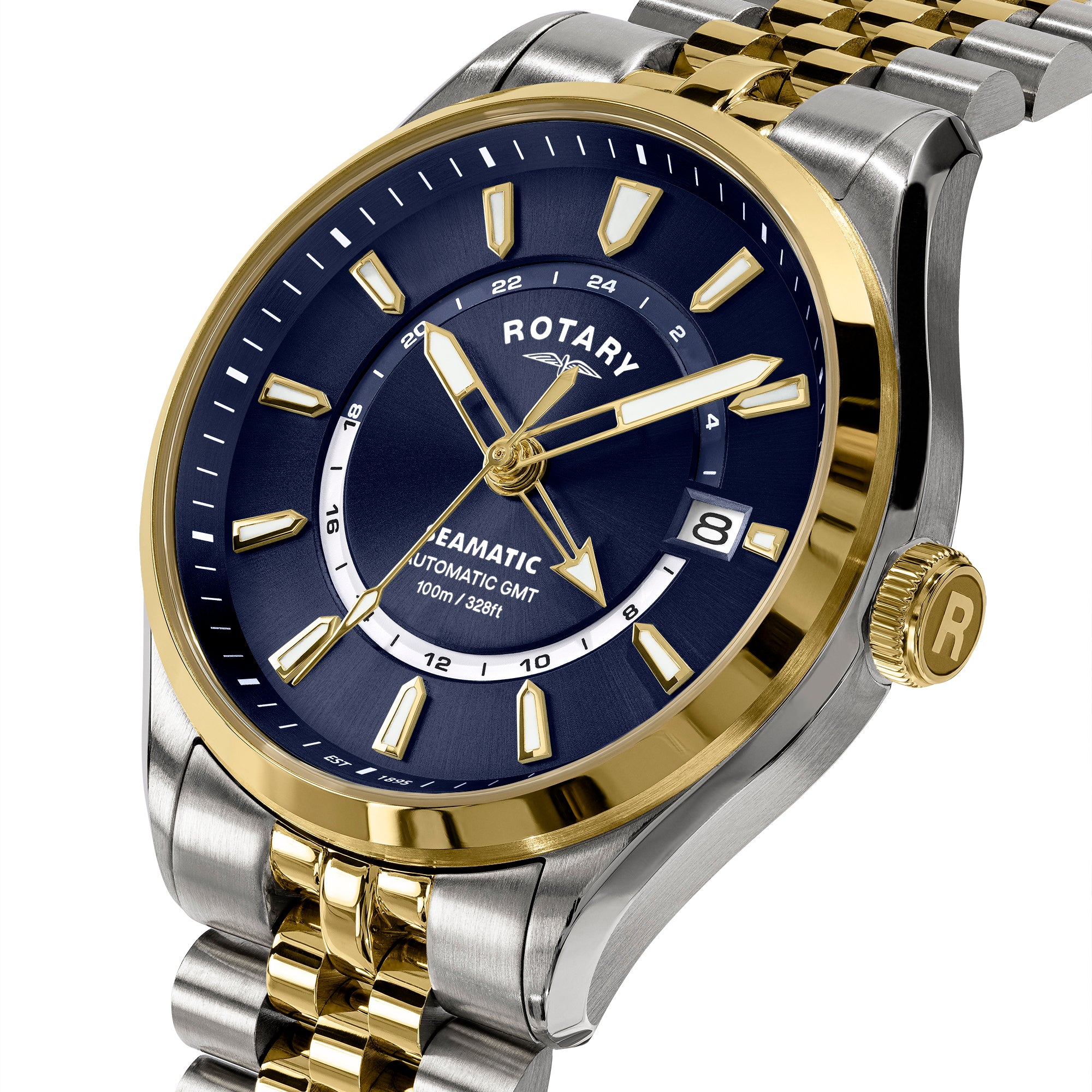Rotary Seamatic 100 GMT watch with blue face, gold and silver band on white background
