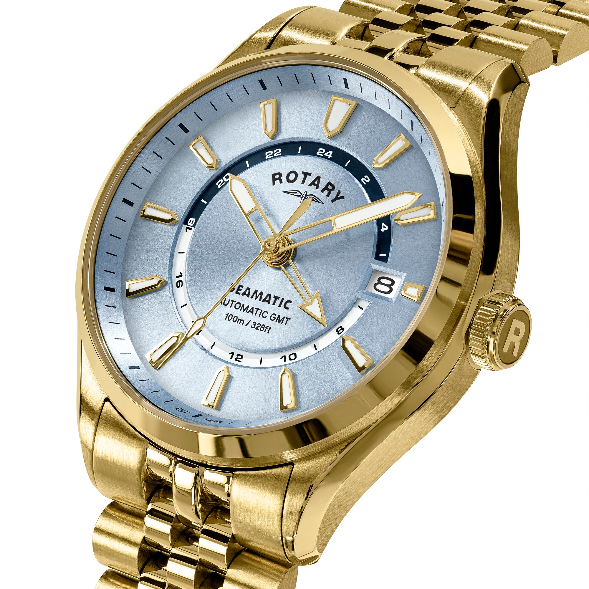 Gold Rotary Seamatic 100 GMT wristwatch with a silver dial on a white background