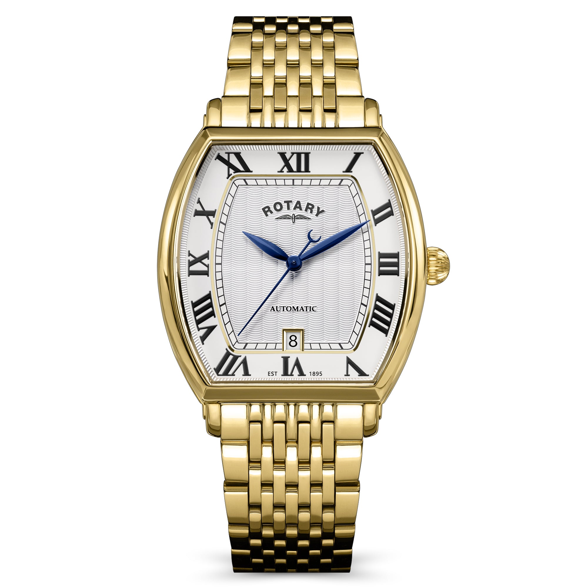 Gold rotary 1895 Tonneau automatic wristwatch with white face and Roman numerals on a white background