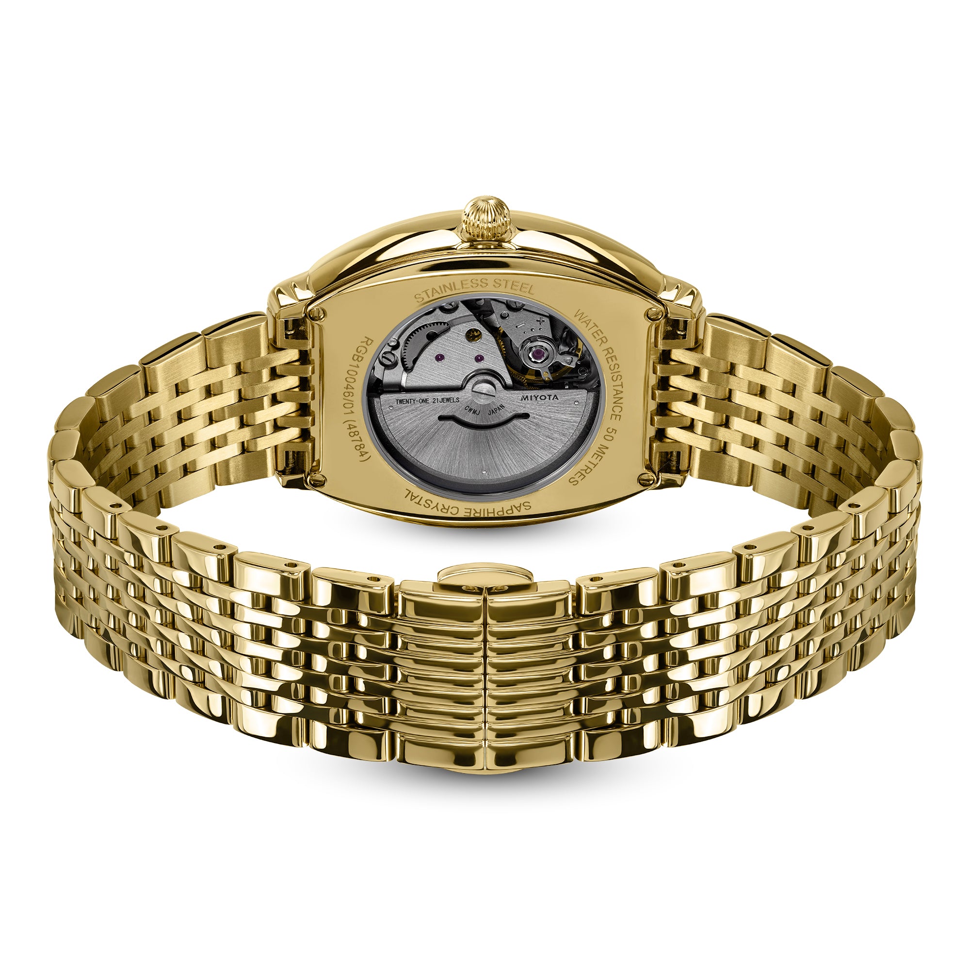 Gold rotary 1895 Tonneau automatic wristwatch with intricate design on a white background