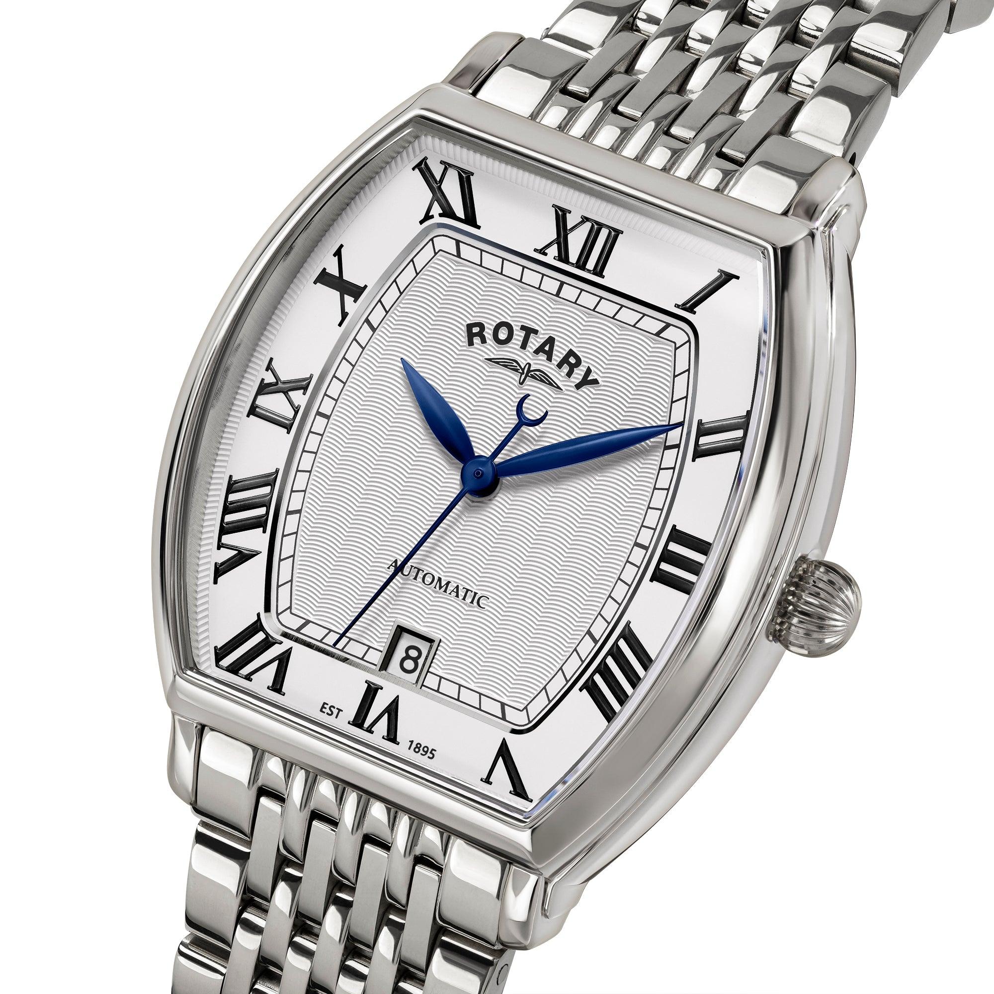 Silver Rotary 1895 Tonneau automatic wristwatch with white face and blue hands on a white background
