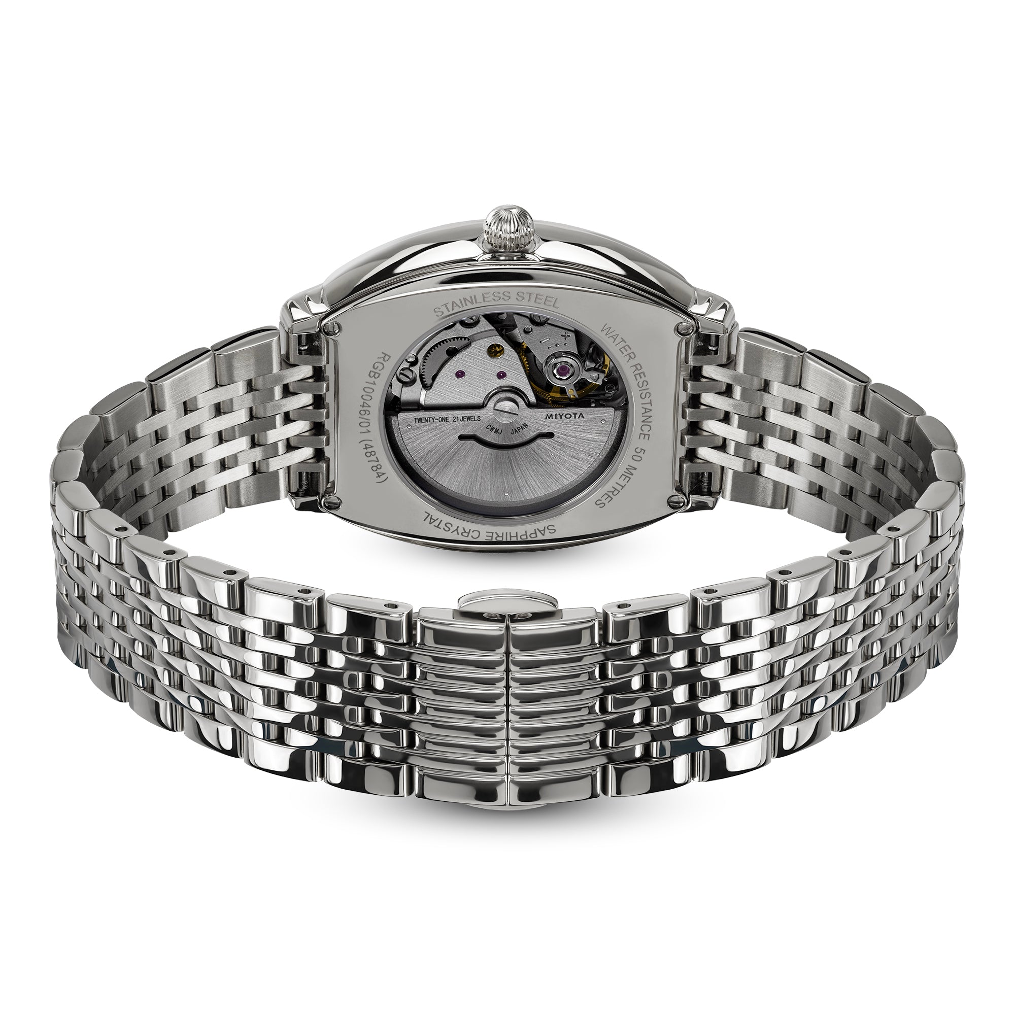 Silver rotary 1895 Tonneau automatic watch with a detailed mechanism on a white background