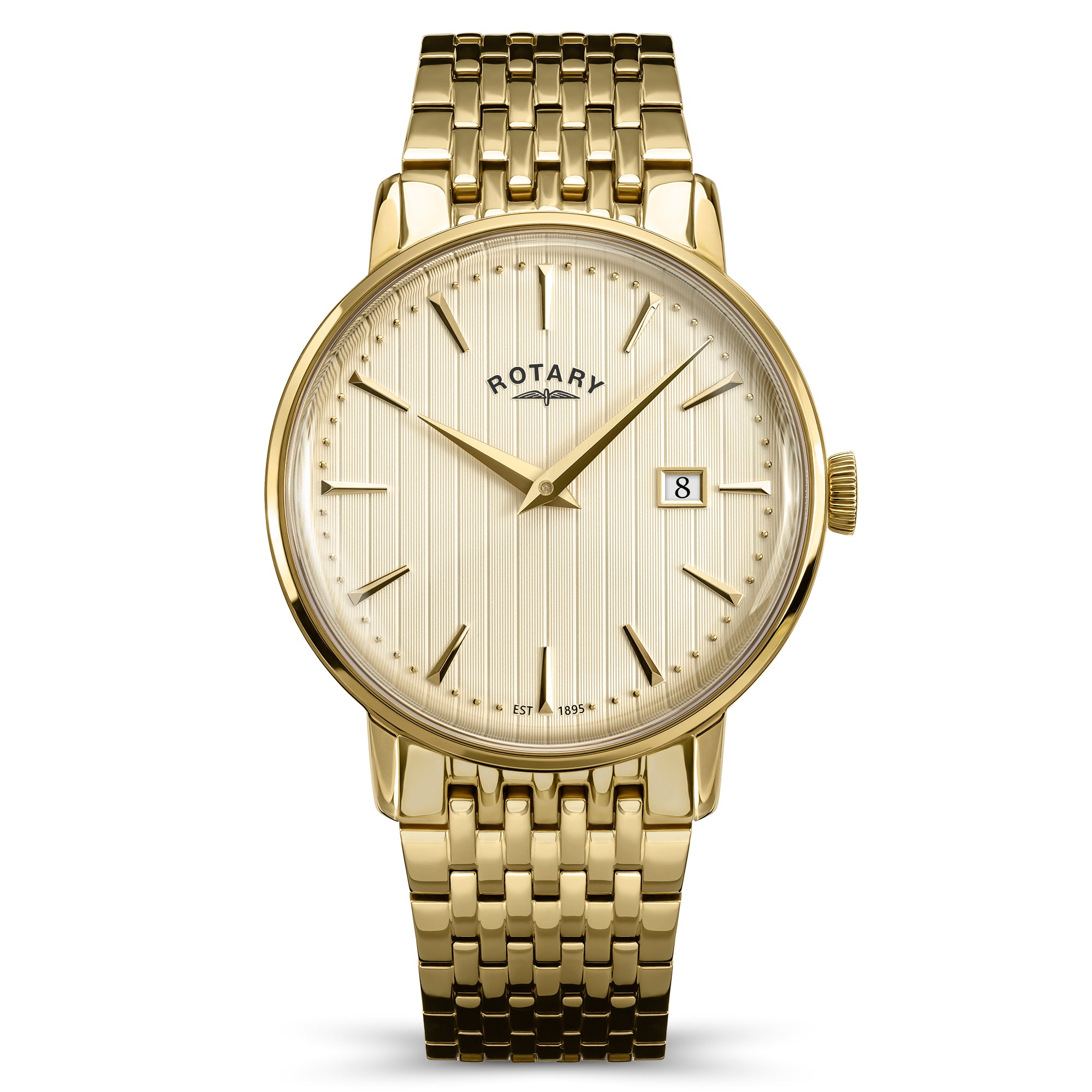 Gold Rotary 1895 wristwatch with a visible brand logo on a white background