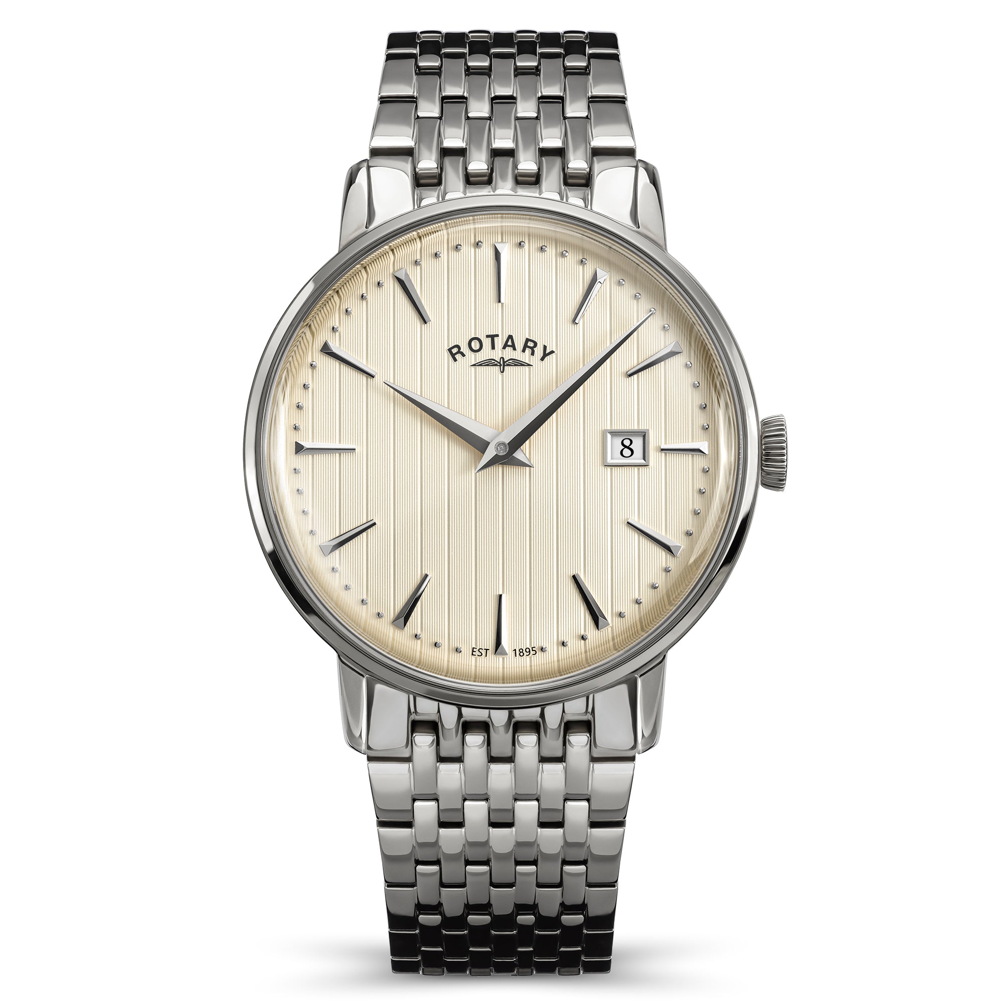 rotary Heritage watch with silver metal bracelet on a white background